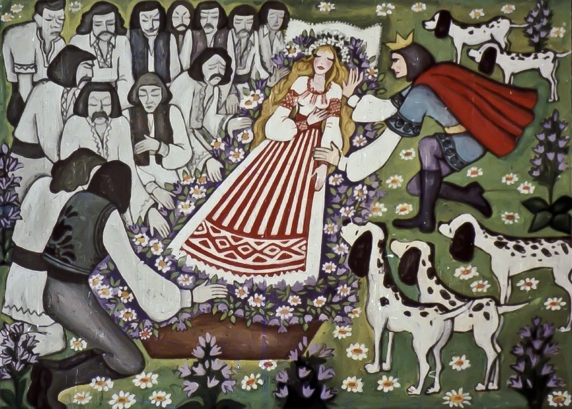 O pictură care ilustrează o scenă cu un tânăr și o fată în mijlocul florilor, înconjurați de oameni și câini.