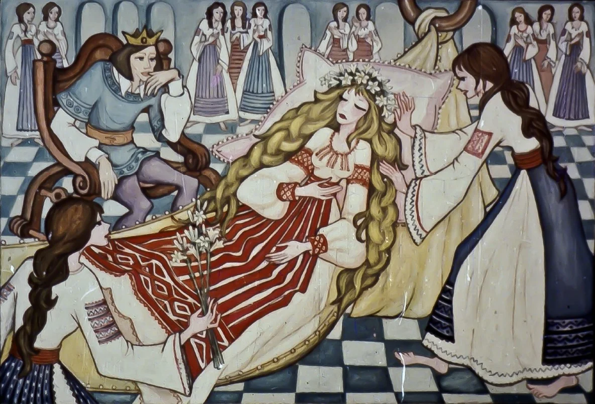 Ilustrație care prezintă o scenă medievală cu un prinț și o prințesă, înconjurați de servitoare.