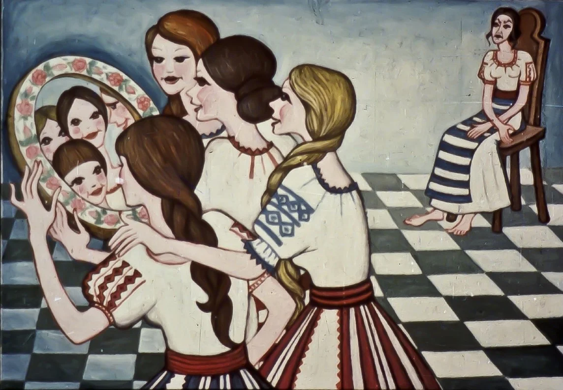 O ilustrare care arată o scenă cu mai multe femei admirându-se într-o oglindă, în timp ce una dintre ele stă pe un scaun în fundal.