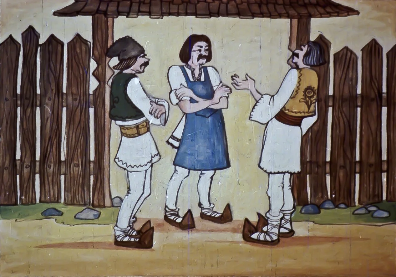 Ilustrație cu trei personaje discutând lângă un gard, cu un text la baza imaginii despre împărat și voinicii săi.