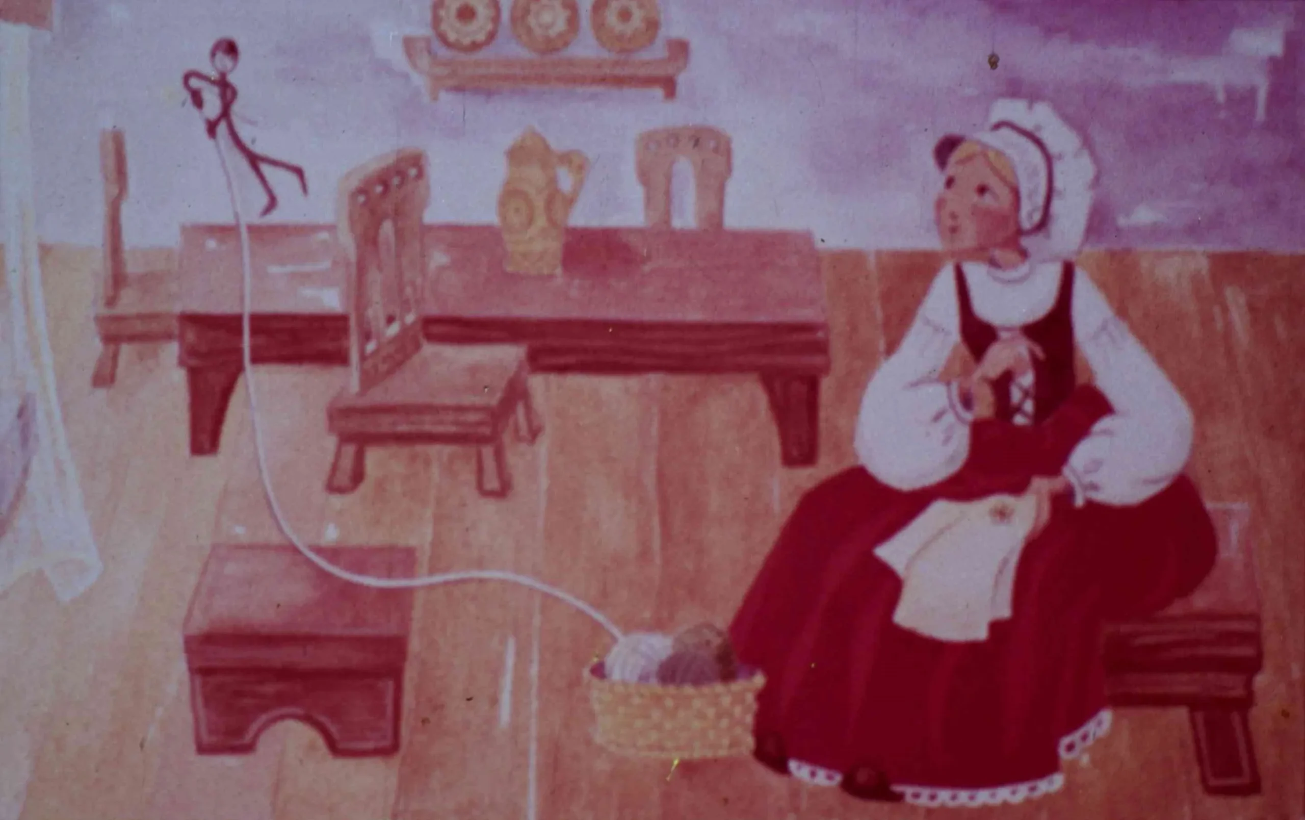 Ilustrație a unei tinere care coase, cu un ac ce pare să prindă viață, într-o încăpere rustică.