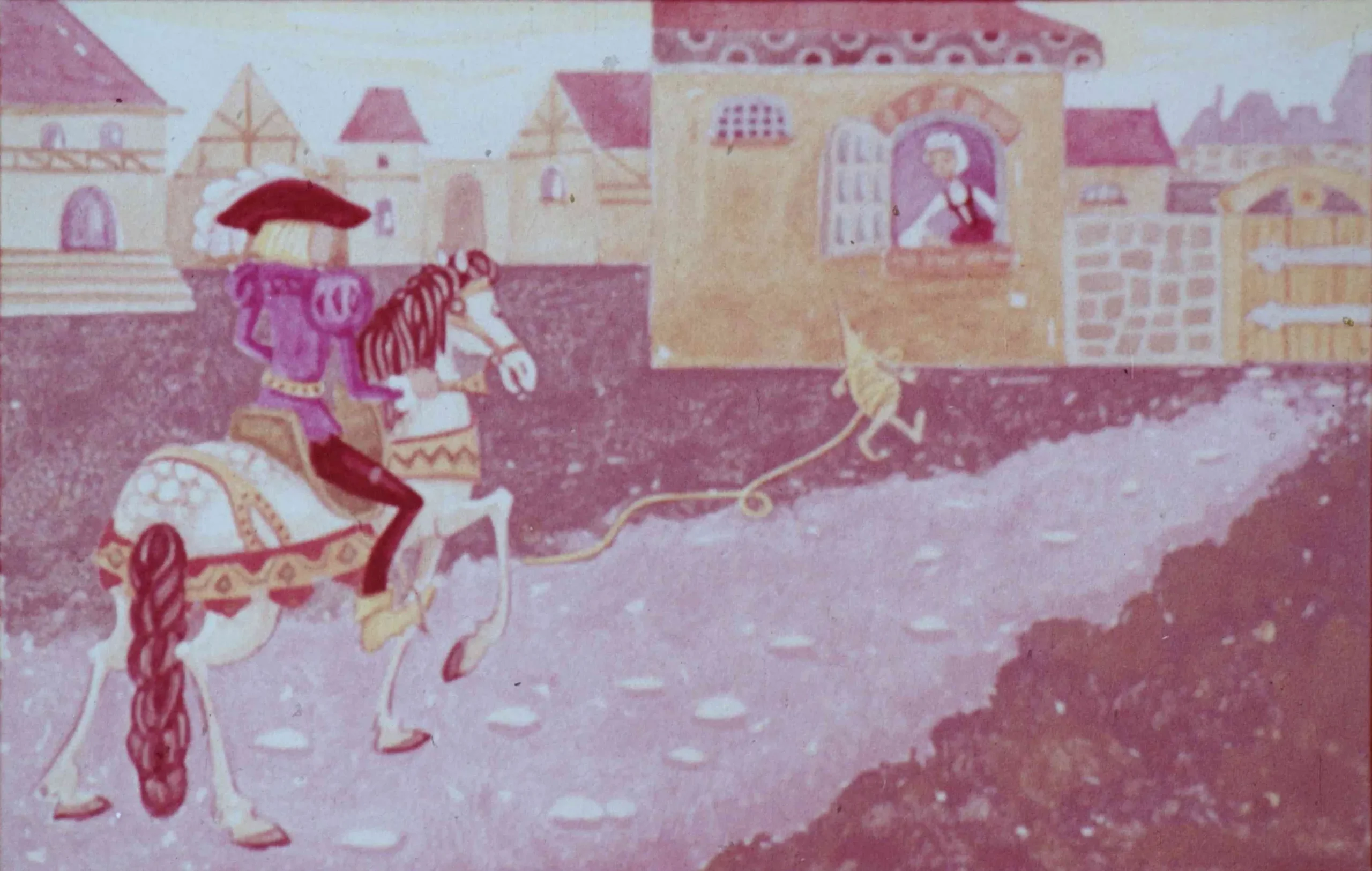 Imagine care ilustrează o scenă dintr-o poveste, cu o fată care observă ceva prin fereastră, în timp ce un cavaler călărește pe un cal.