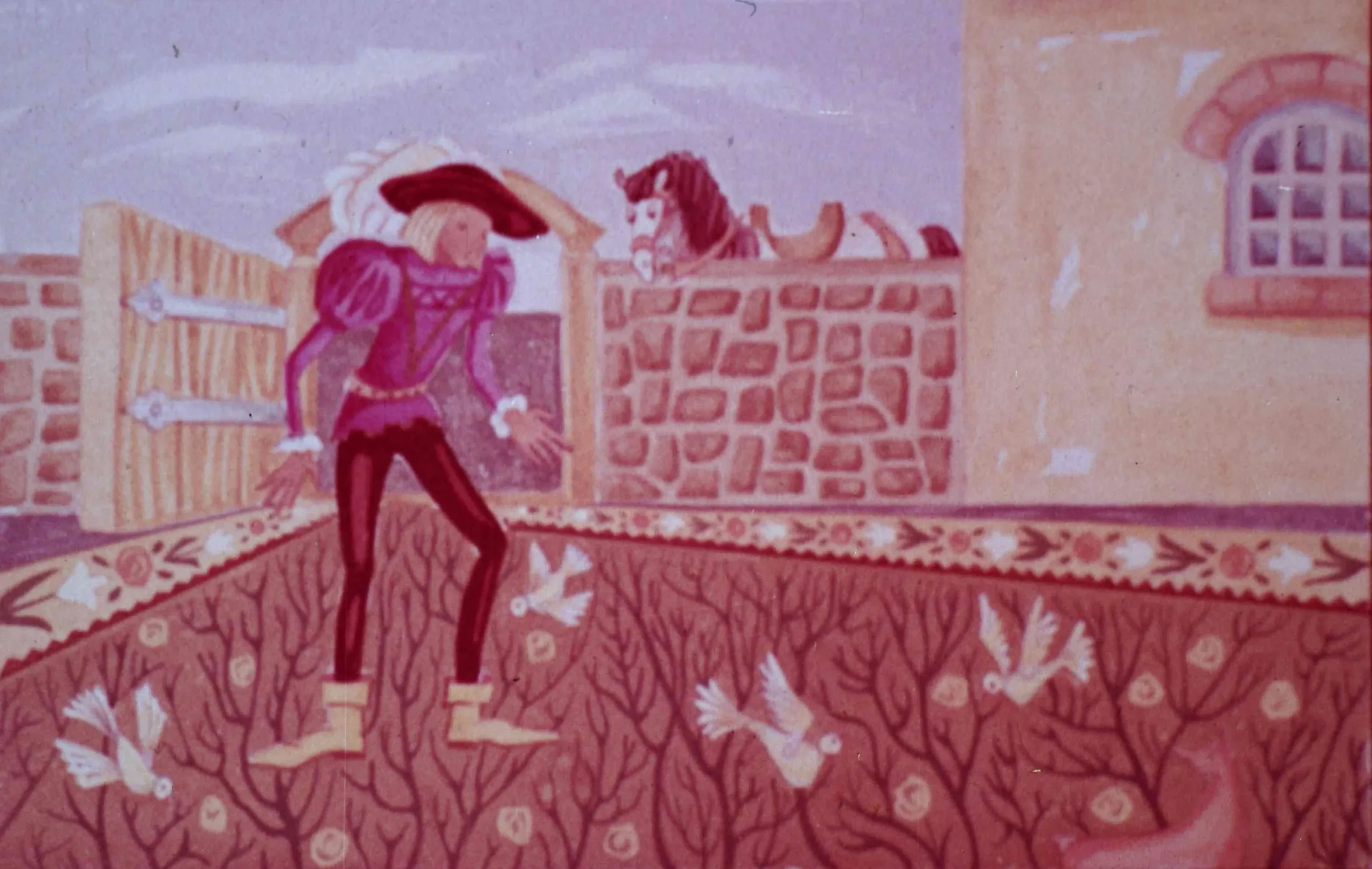 Ilustrație cu un tânăr îmbrăcat în costum medieval, care pășește pe un covor neobișnuit, în fața unei case.