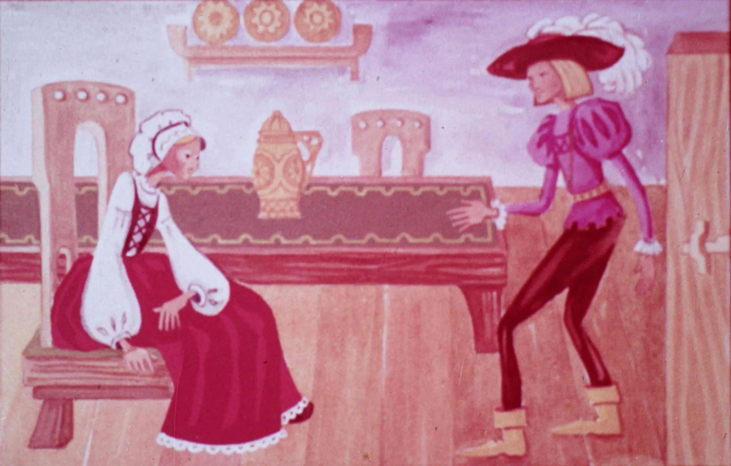 Ilustrație care prezintă o scenă dintr-o poveste, cu două personaje, unul stând pe un scaun și altul în picioare, într-un interior rustic.