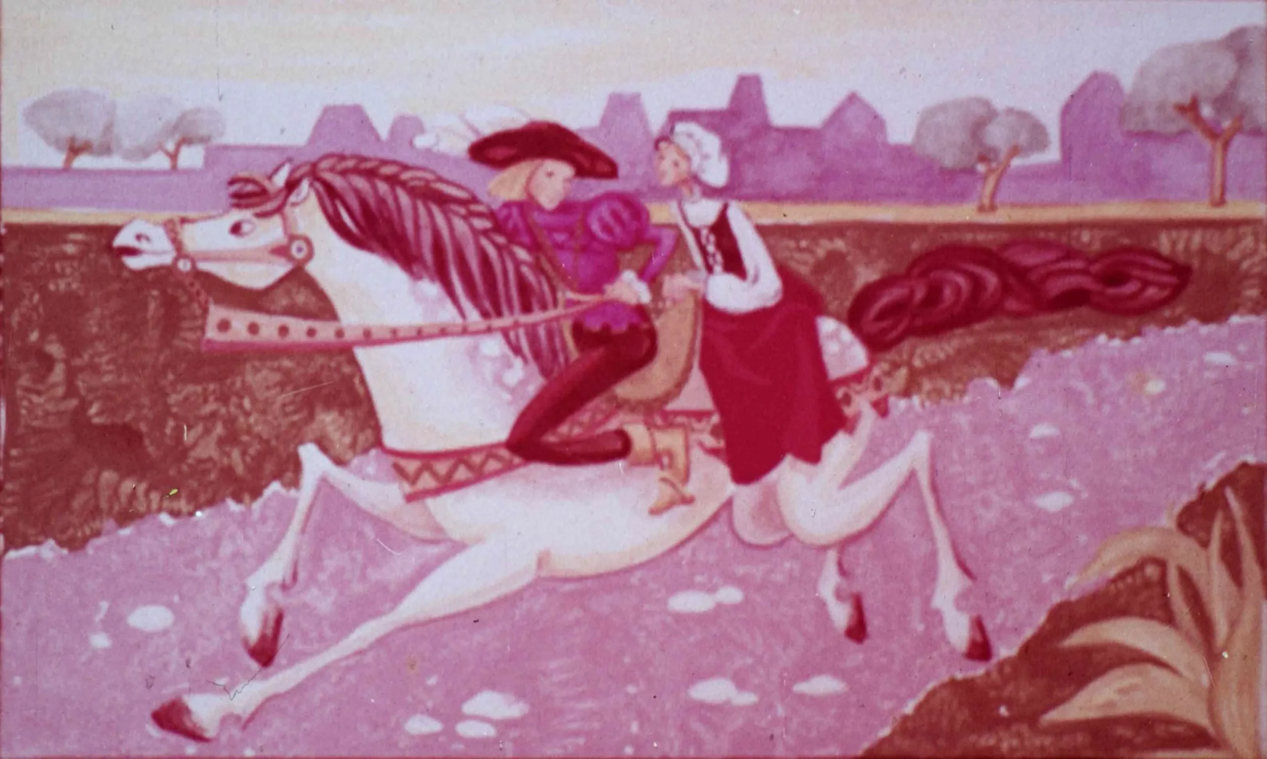 Ilustrație cu două personaje pe cal, călătorind pe un drum, cu peisaj în fundal; text narativ despre o nuntă.