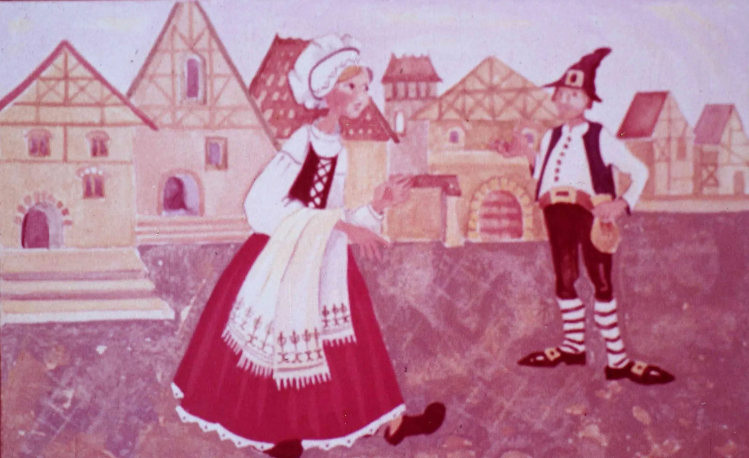 Ilustrație cu două personaje într-un peisaj de sat, una dintre ele purtând o rochie tradițională și cealaltă un costum cu pălărie, cu text descriptiv în partea de jos.