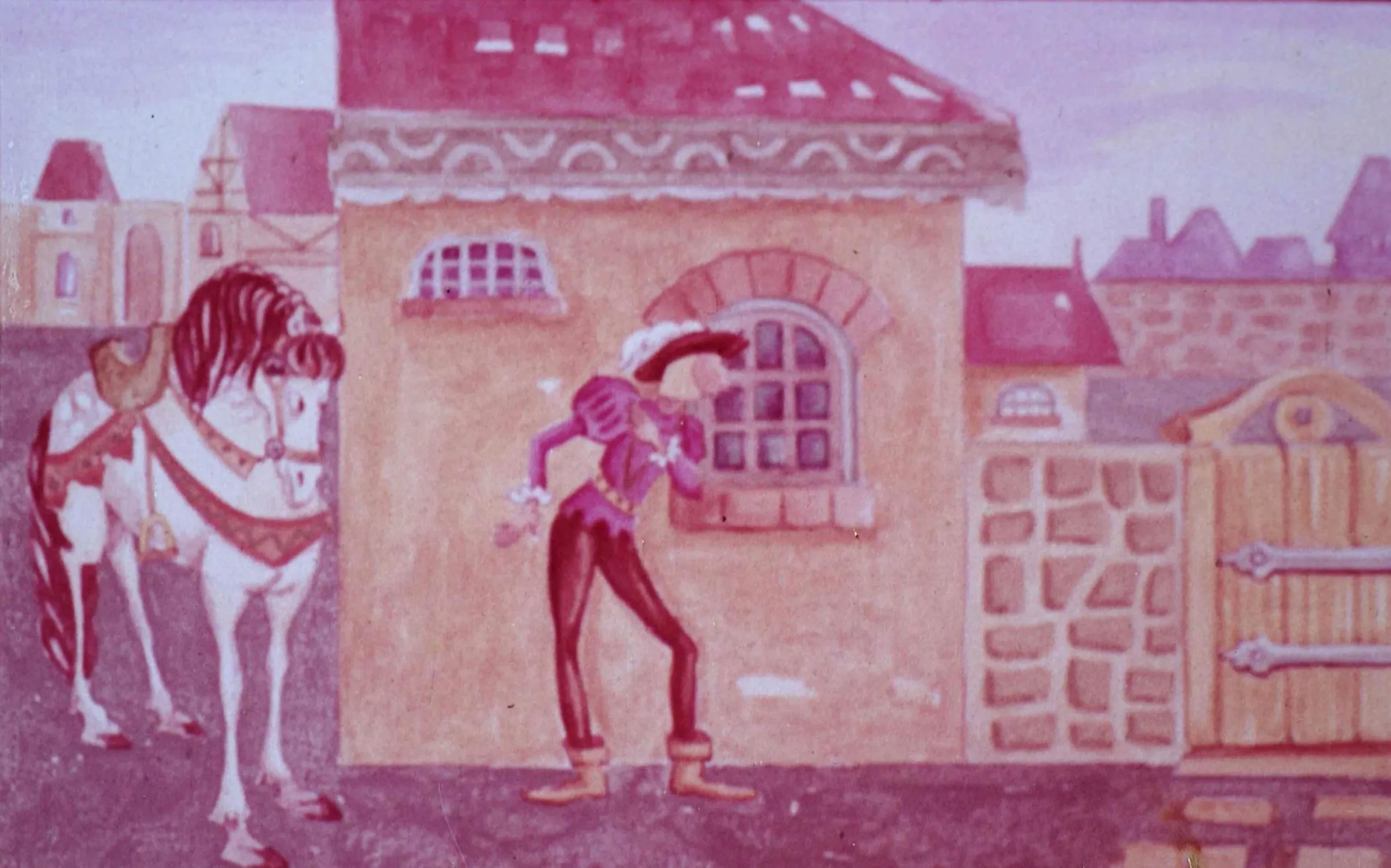 Ilustrație care prezintă o scenă cu un cal și un bărbat îmbrăcat în costume tradiționale, într-un peisaj de oraș.