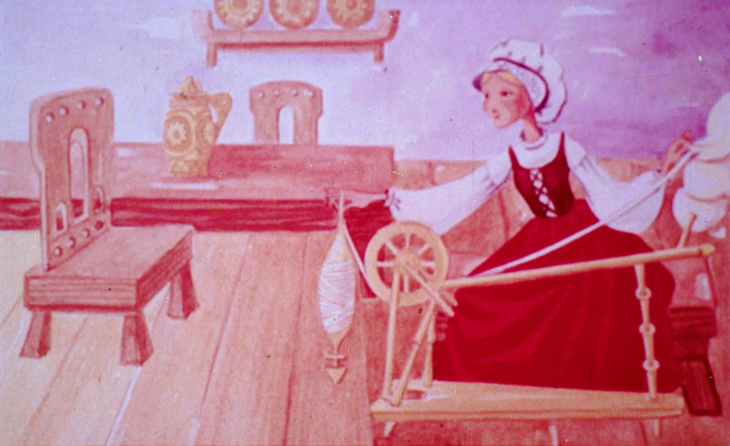 O scenă ilustrată cu o fată care torcea, însoțită de text narativ care descrie acțiunea ei.