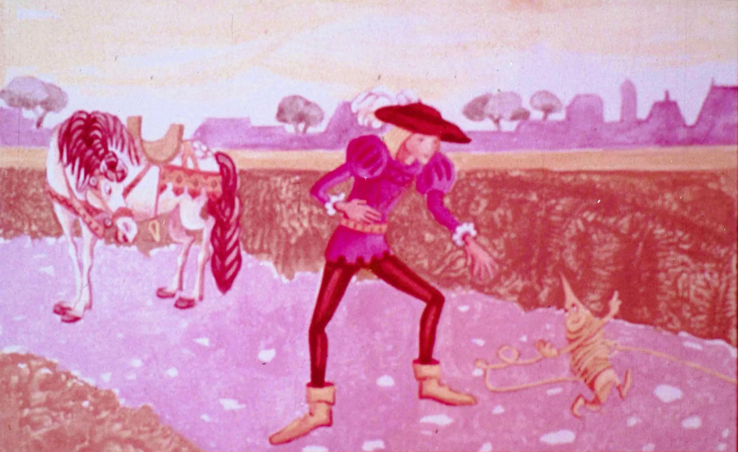 Ilustrație cu un personaj tânăr care trage un fir de aur, în fundal se văd animale și un peisaj.