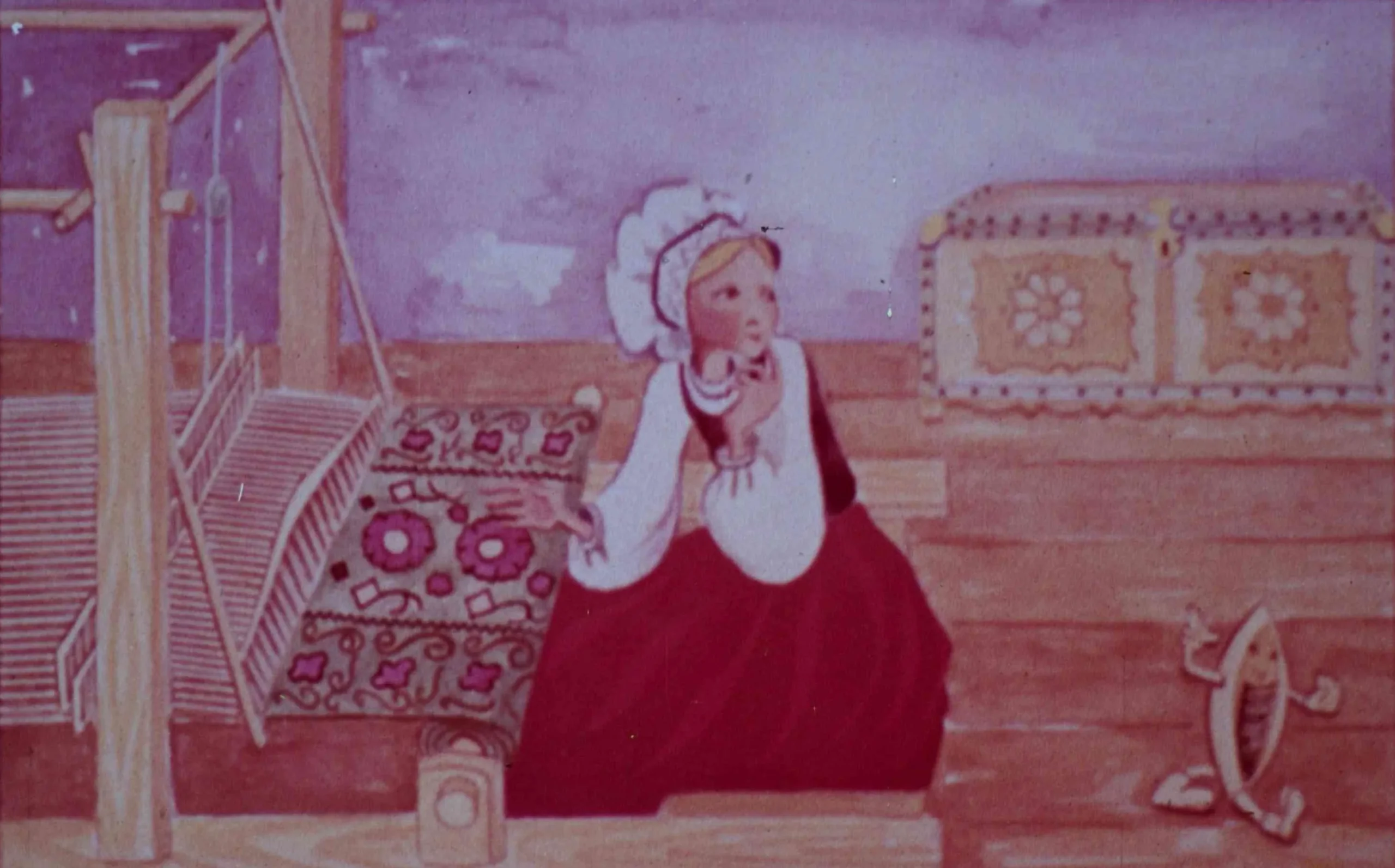 Ilustrație cu o fată care țese la război, având un petic colorat pe jos, reflectând o poveste tradițională.