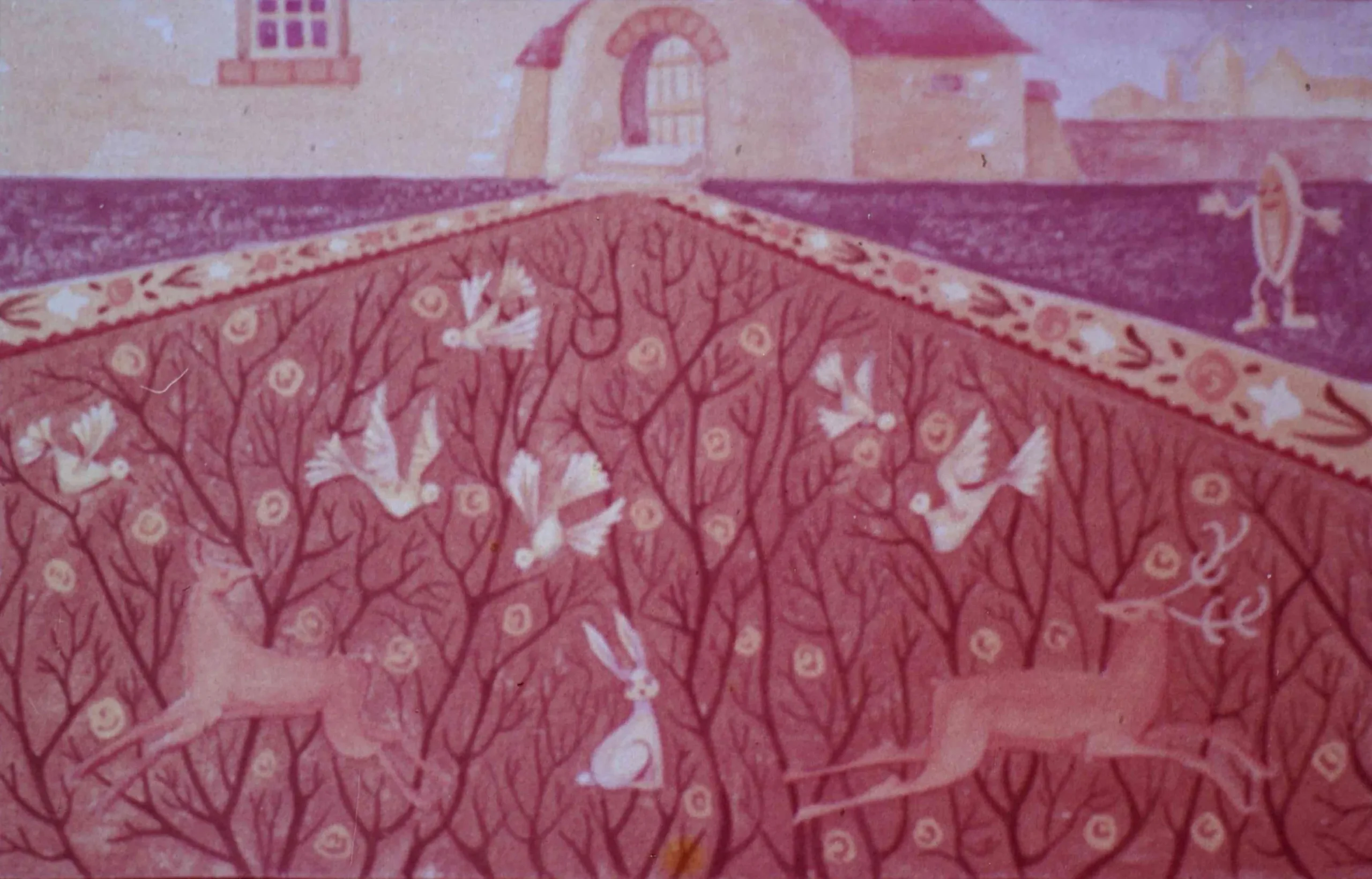 Un peisaj artistic cu animale și păsări pe un covor, ilustruind o scenă de secundă.