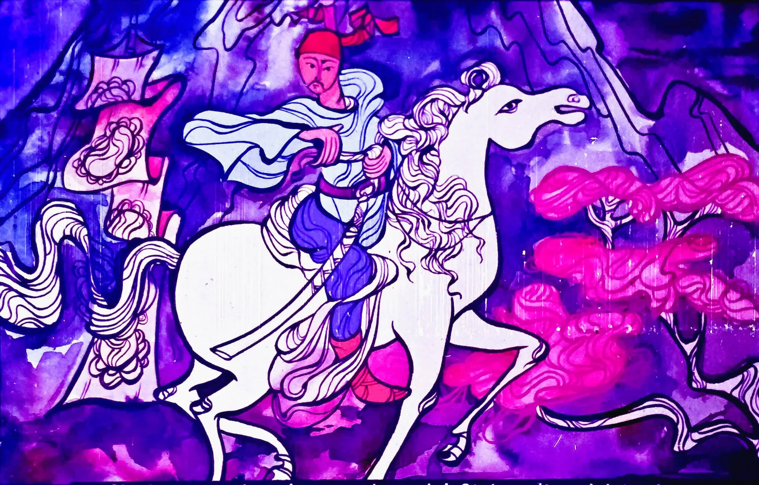 Imagine artistică cu un personaj călare pe un cal alb, într-un peisaj colorat, ilustrând un fragment de text care exprimă mândrie și viteză.