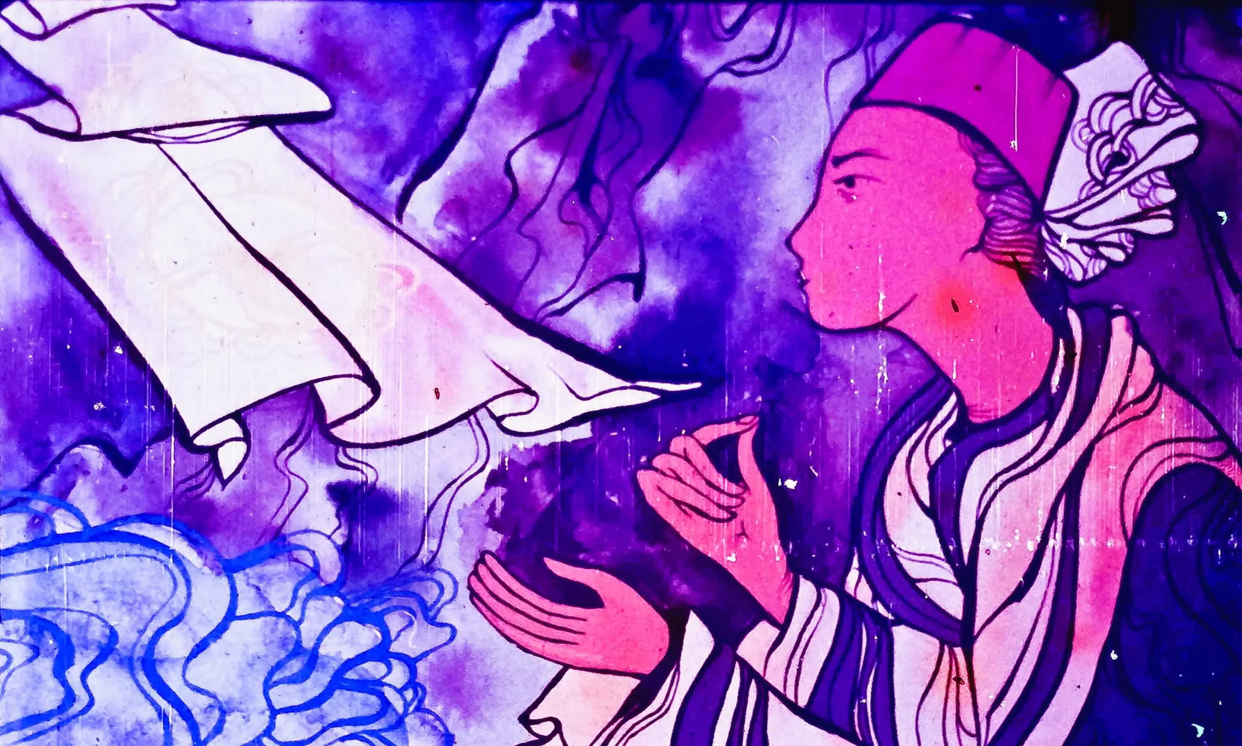 Imagine artistică cu un personaj care vorbește, având un fundal de culoare abstractă.