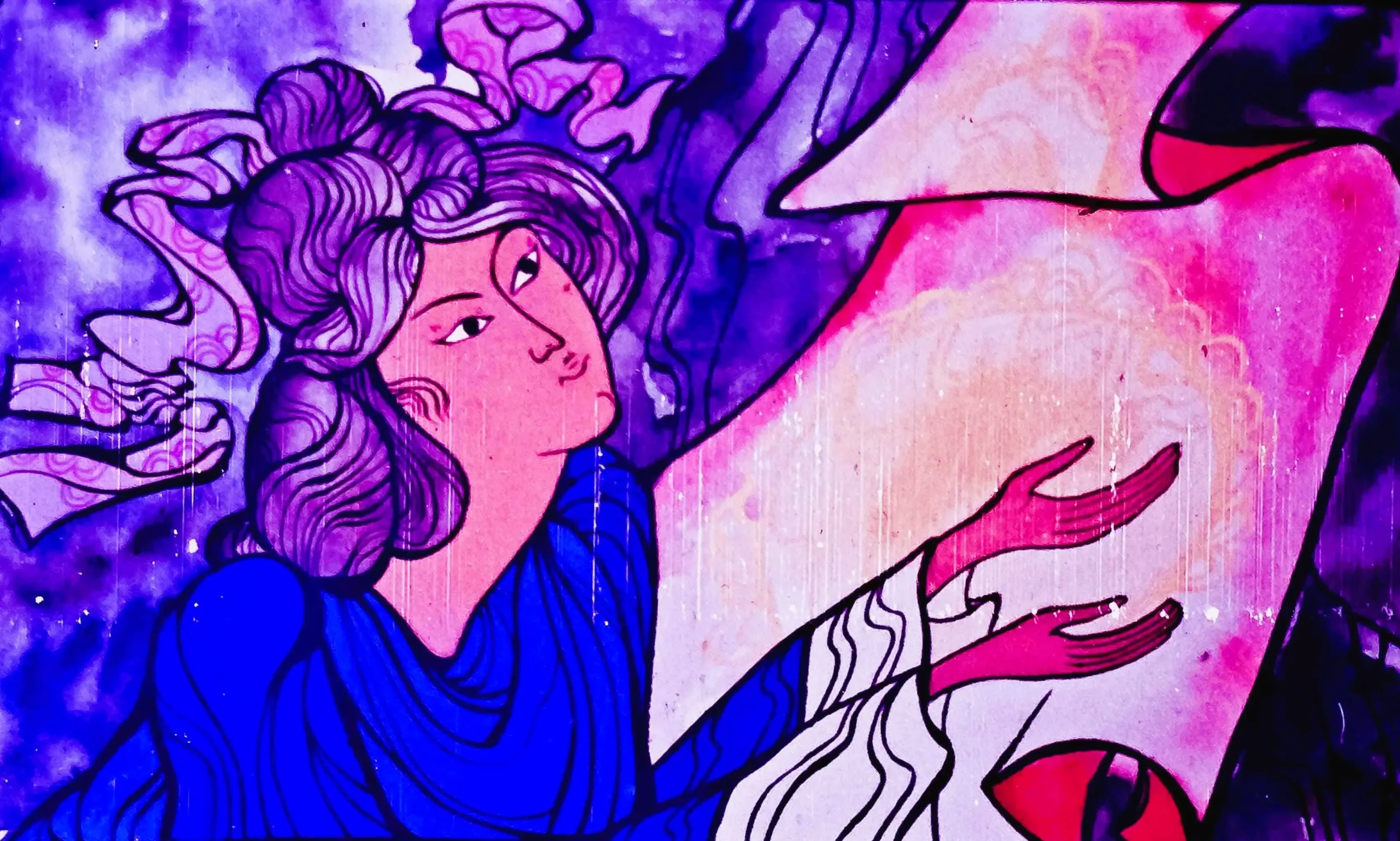 Imagine artistică cu un personaj feminin care așteaptă un copil, având un fundal colorat și text scris.