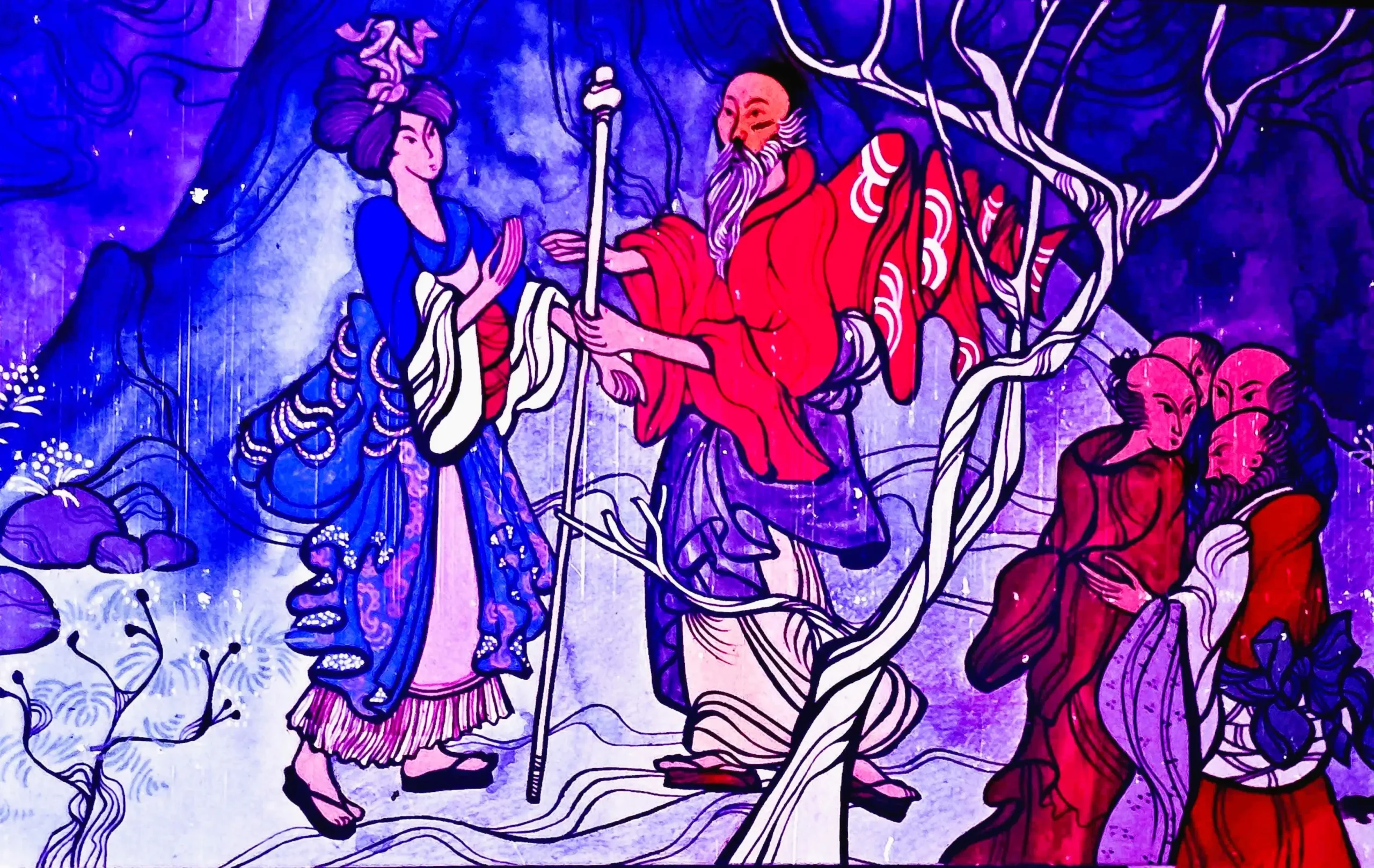 Ilustrație artistică care prezintă o scenă de mitologie sau poveste, evidențiind interacțiunea dintre un bătrân și o femeie.