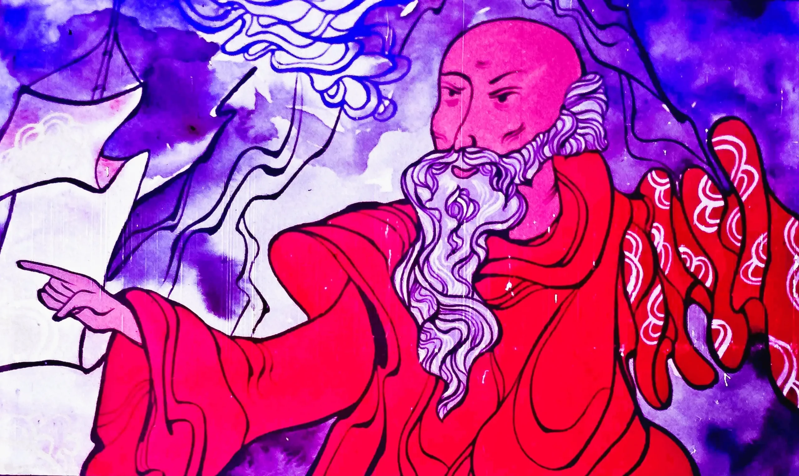 Ilustrație cu un personaj care discută despre aprinderea unui foc mare.