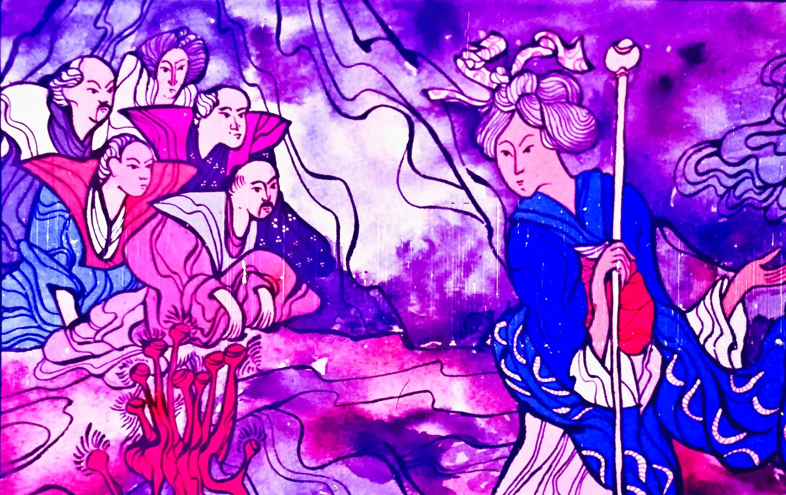 O ilustrație colorată reprezentând un personaj numit Maleh care se îndreaptă spre răsărit, fiind observat de o mulțime.