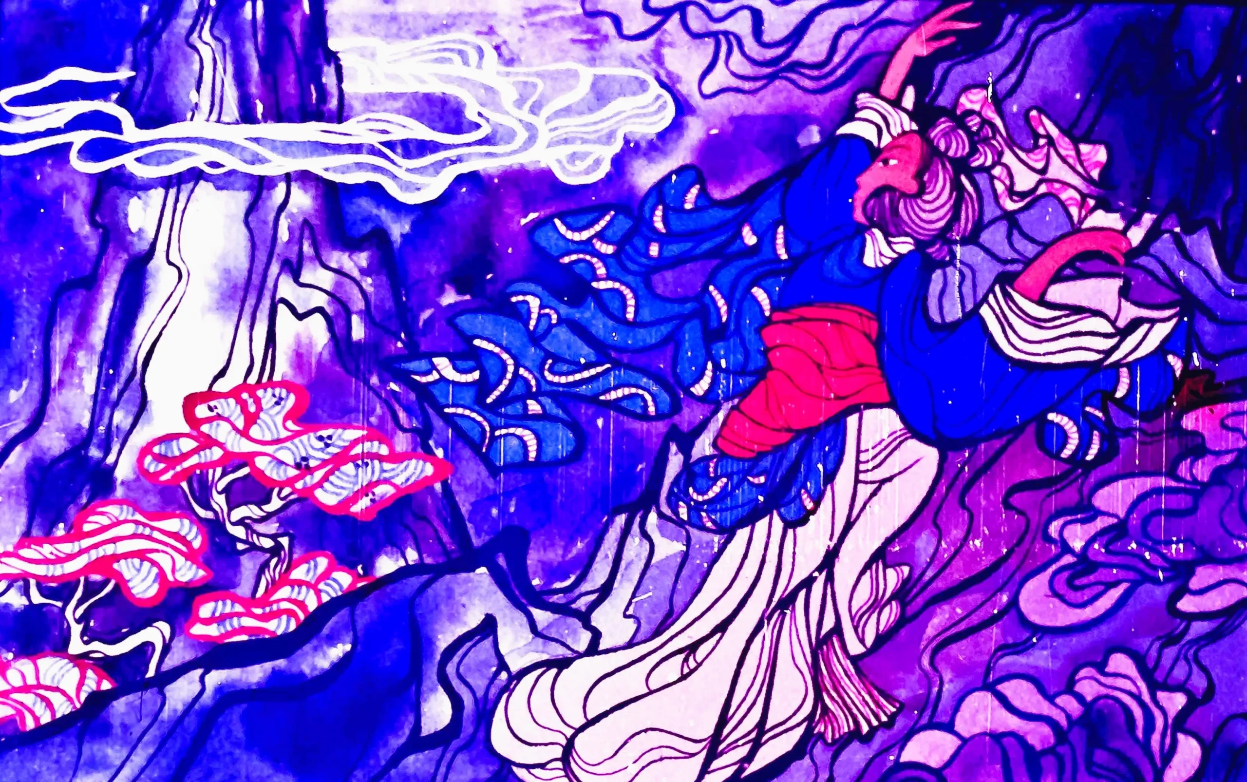 Imagine artistică cu un personaj în mișcare pe un peisaj montan colorat, cu nori și elemente decorative.