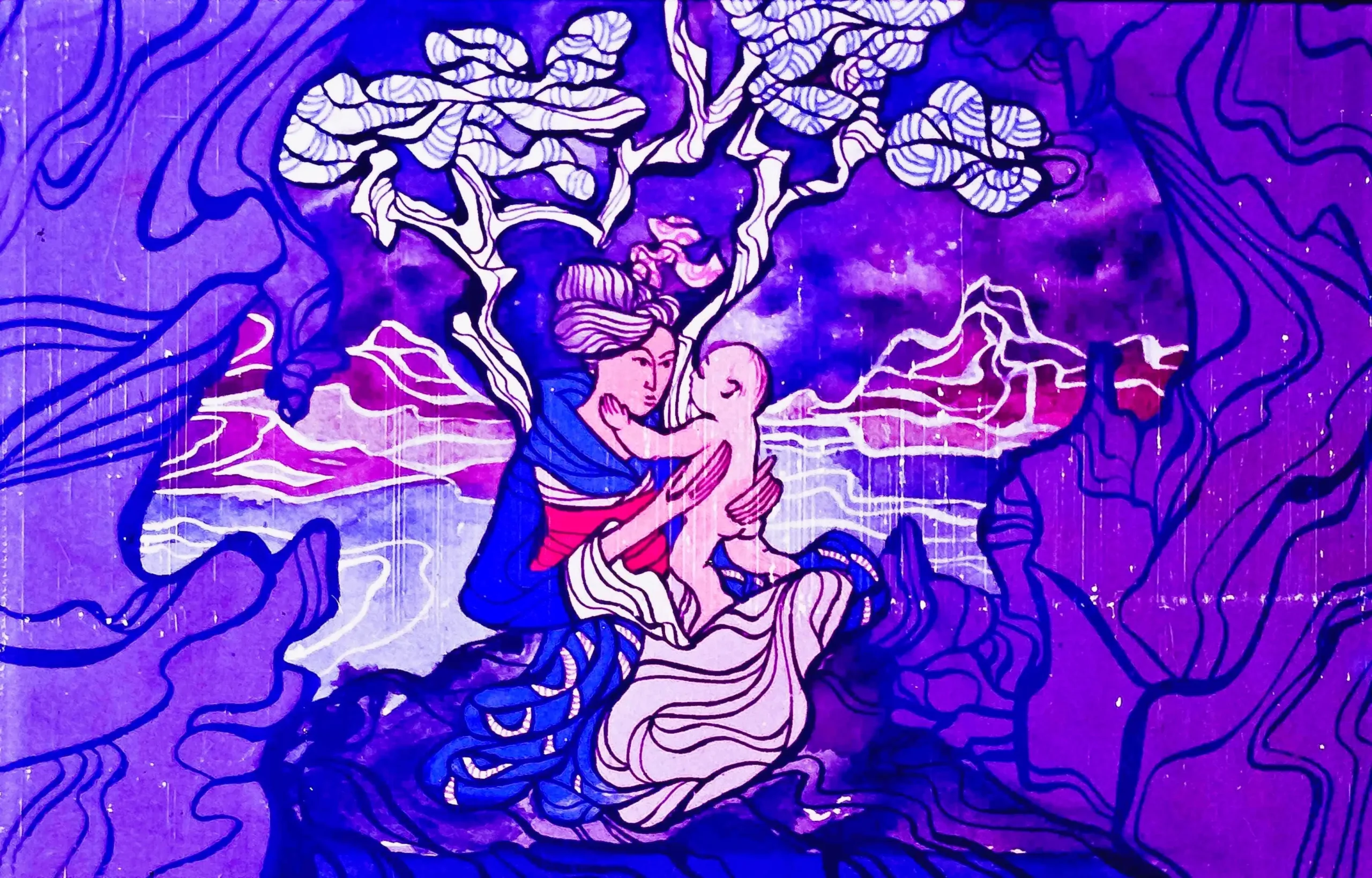 O ilustrație artistică reprezentând o scenă mitologică cu un cuplu îmbrățișându-se într-un peisaj fantastic.