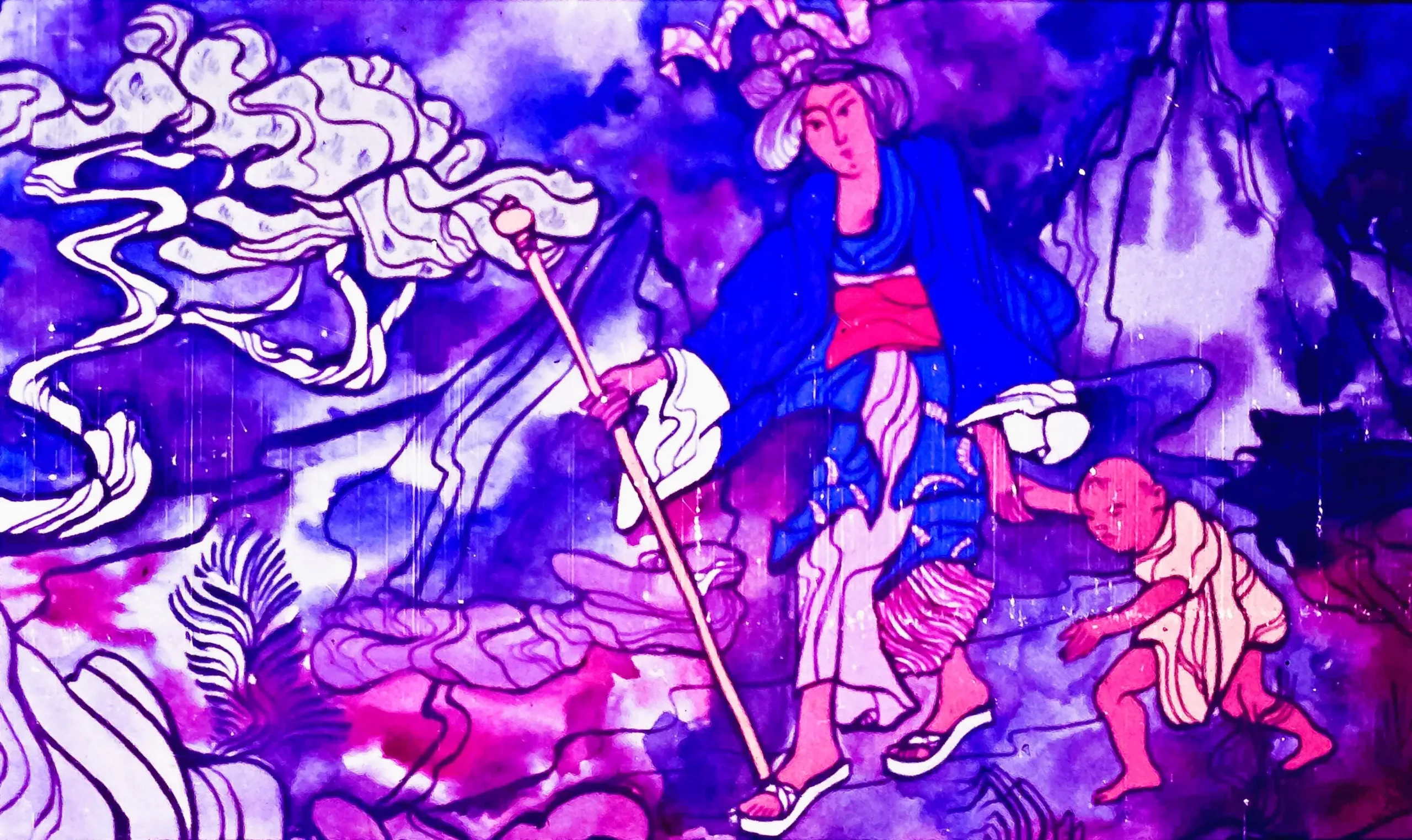 Ilustrare cu o mamă și un copil, cu un peisaj colorat, în care mama se pregătește să plece, învăluită în gânduri despre trecut.