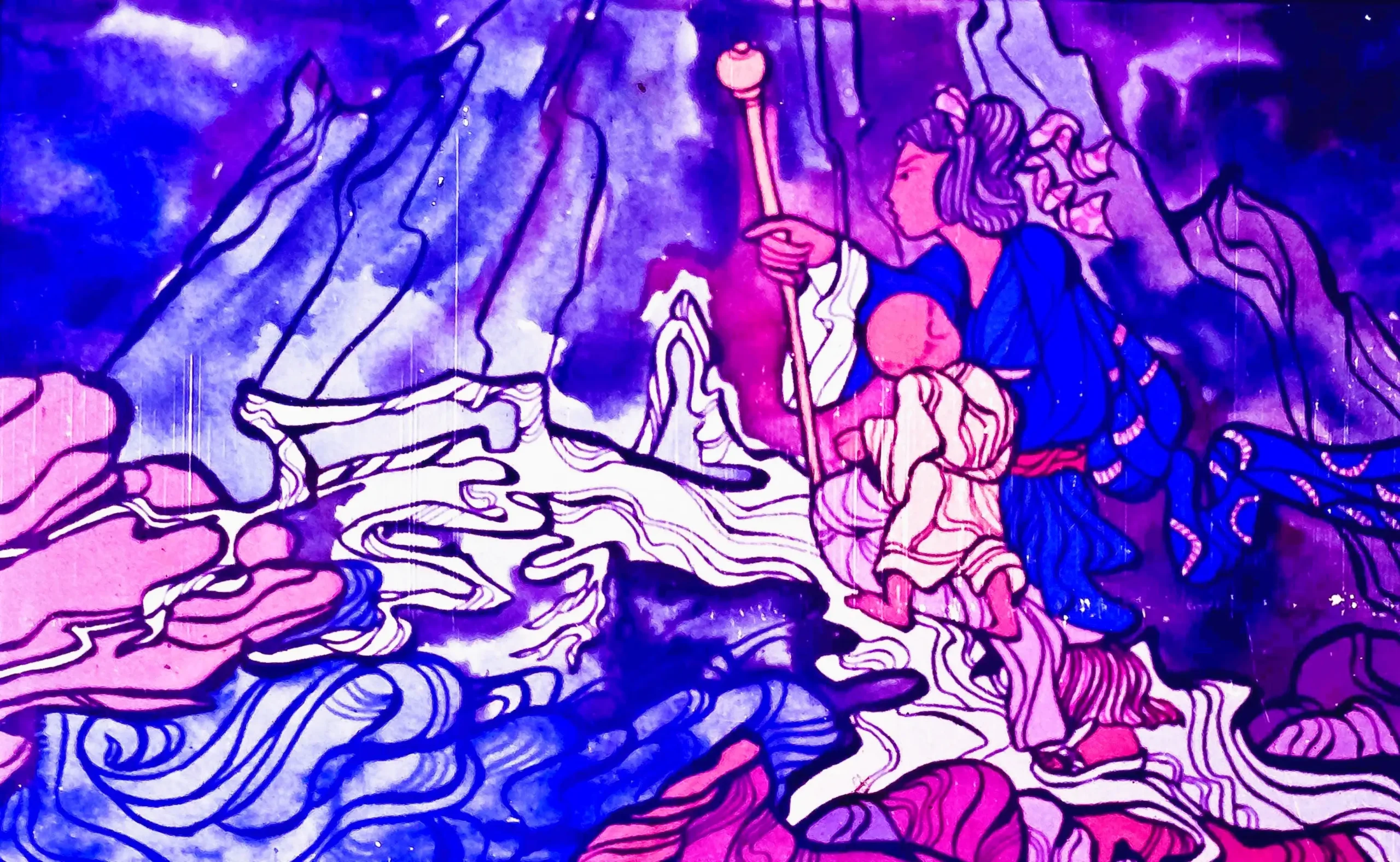 Ilustrație colorată cu personajul Maleh și un copil pe malul unui râu, înconjurați de natură.