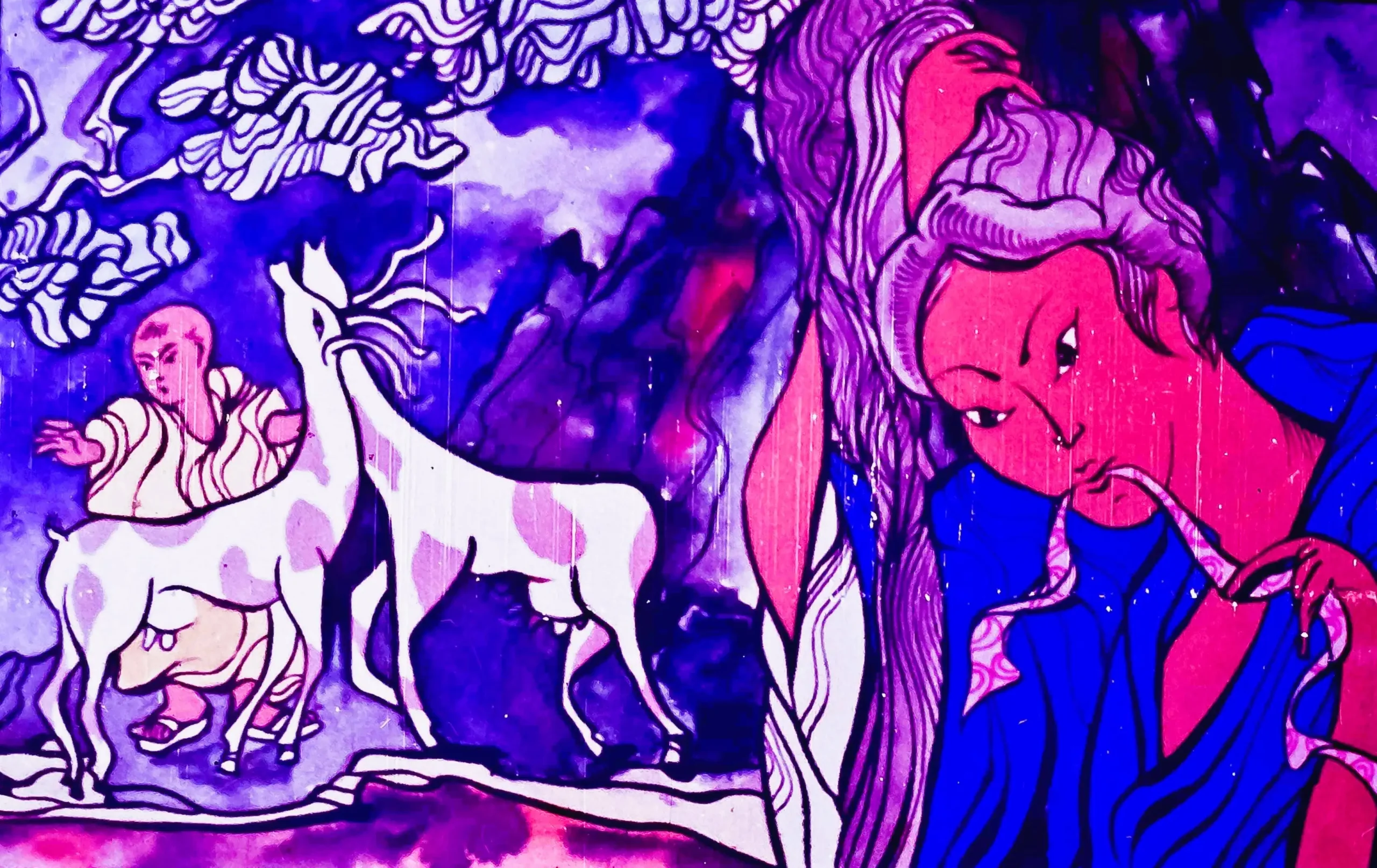 Ilustrație colorată cu capre sălbatice și o figură umană în fundal.