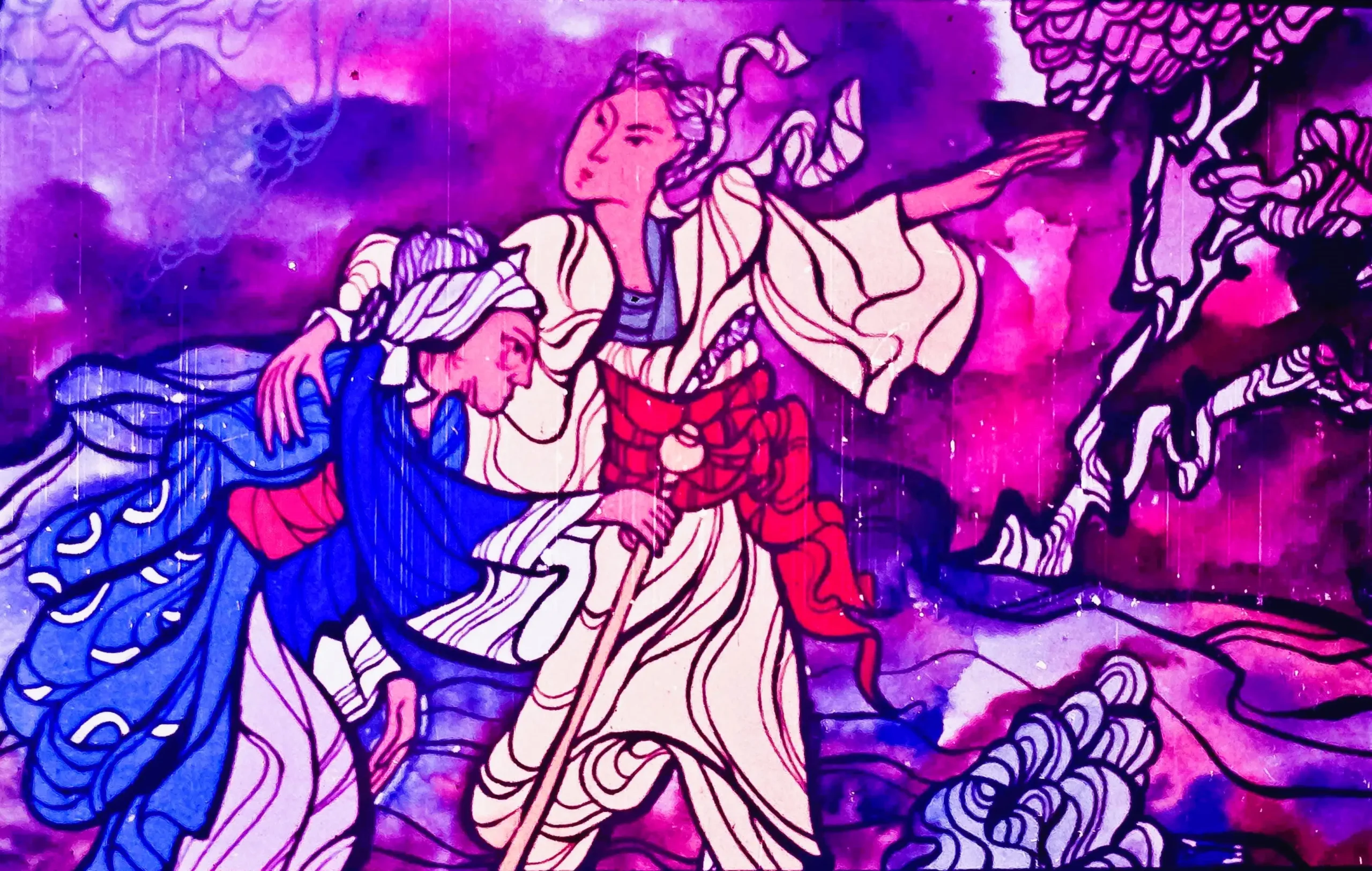 Ilustrație vibrantă cu personaje stilizate, inclusiv un bărbat care sprijină o femeie.