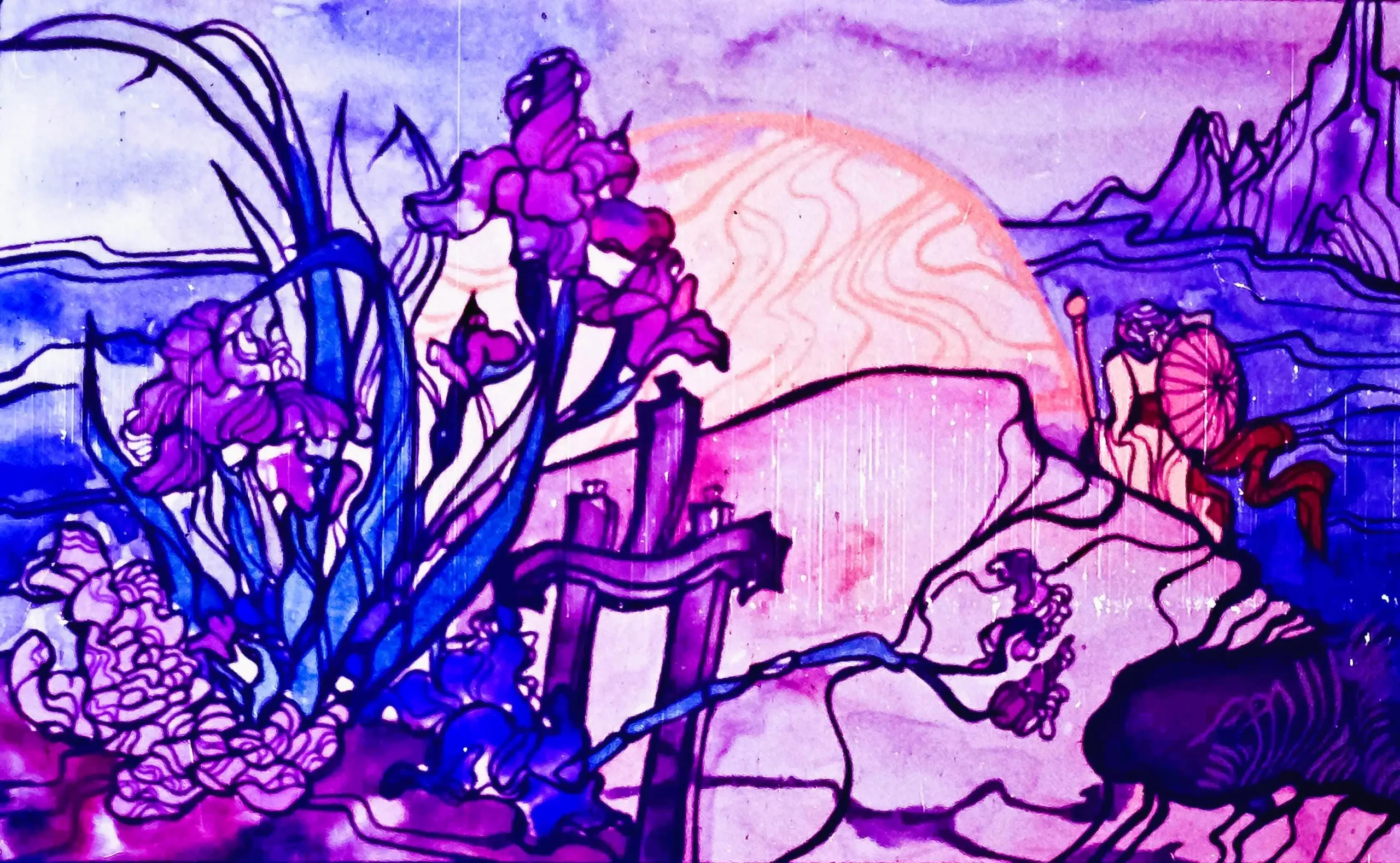 Ilustrație artistică cu text care povestește despre o figură numită Maleh și călătoria sa.