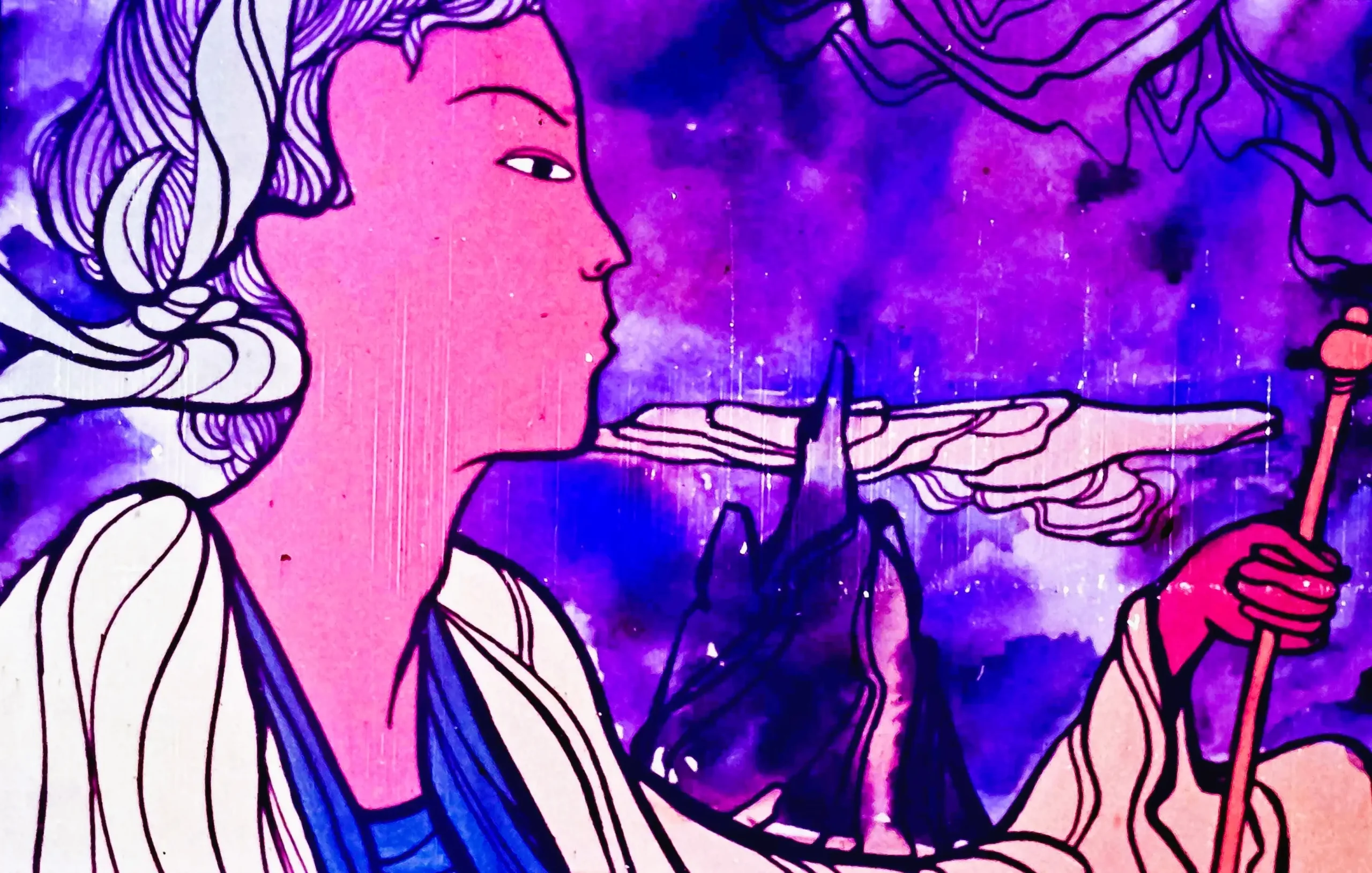 O ilustrație cu un personaj care privește spre un peisaj colorat, însoțită de textul 'Singur, a pornit mai departe spre țintă.'