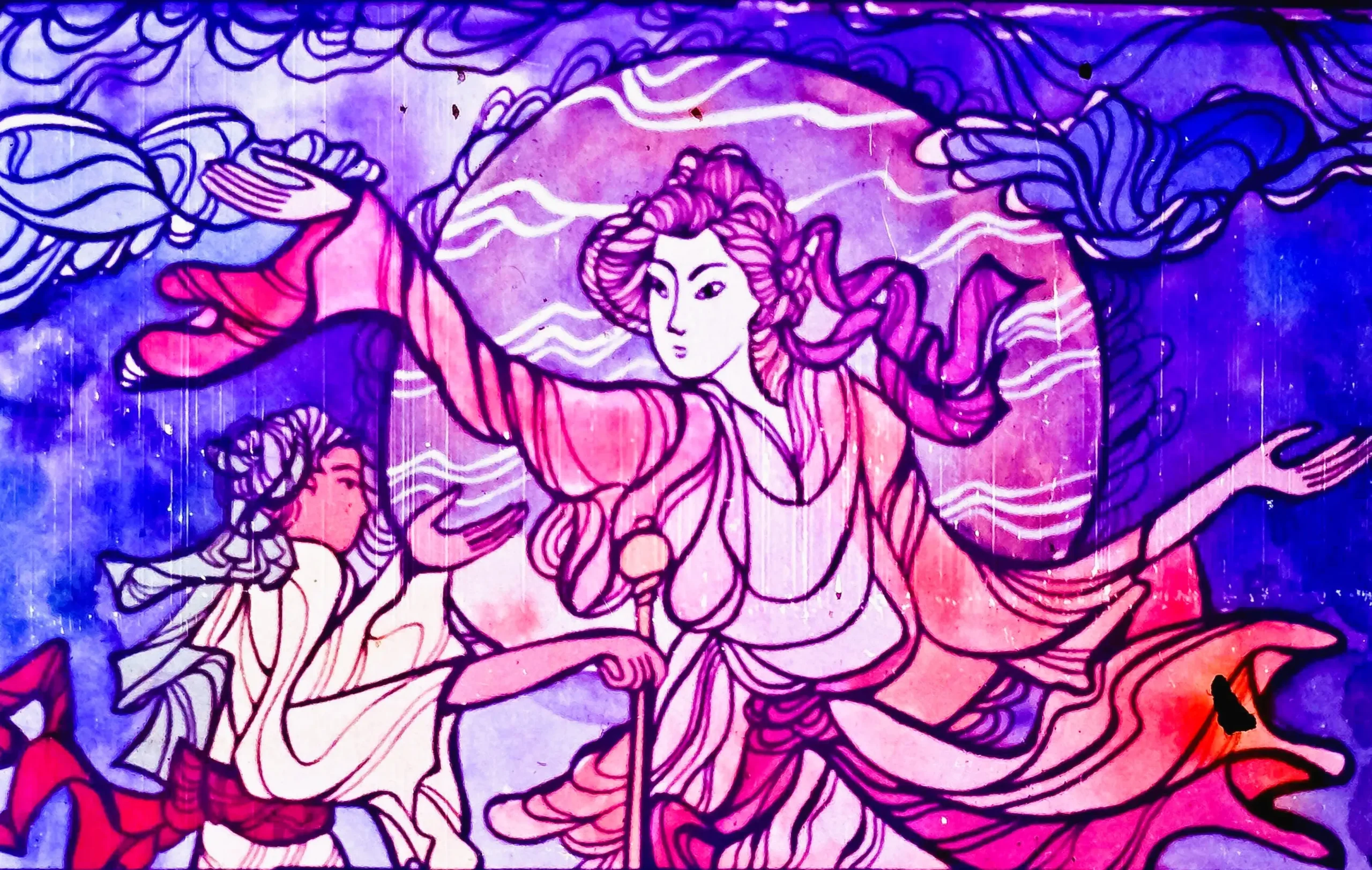 Ilustrație artistică cu personaje mitologice, având un text în partea de jos.