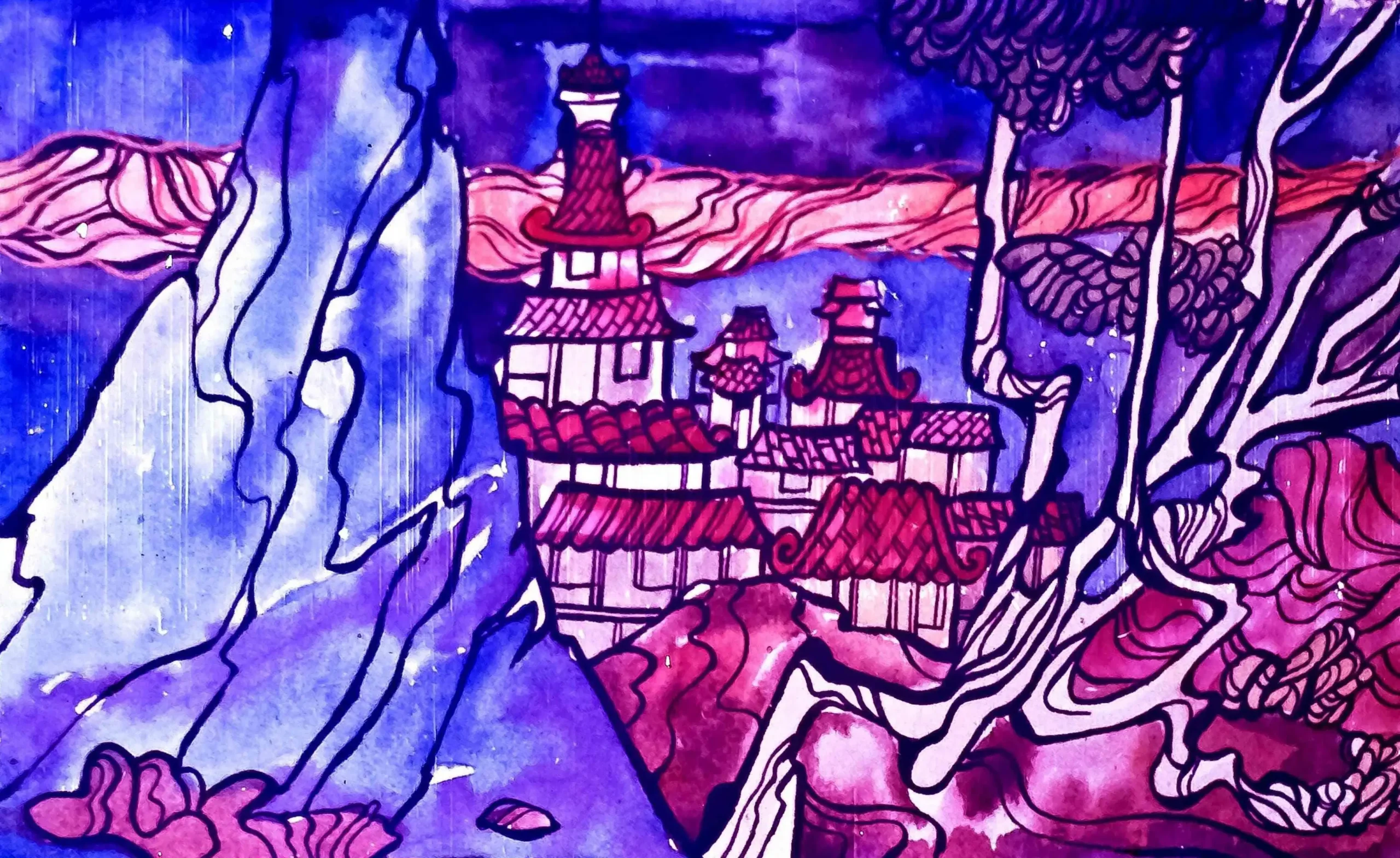 Imagine artistică cu un peisaj vibrant, evidențiind o scenă deosebită cu case, copaci și munți, cu un text scris pe fundal.