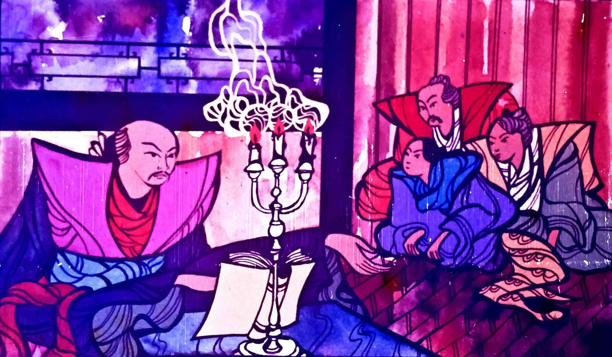 Ilustrație colorată cu personaje istorice, având text despre legenda lui Maleh.