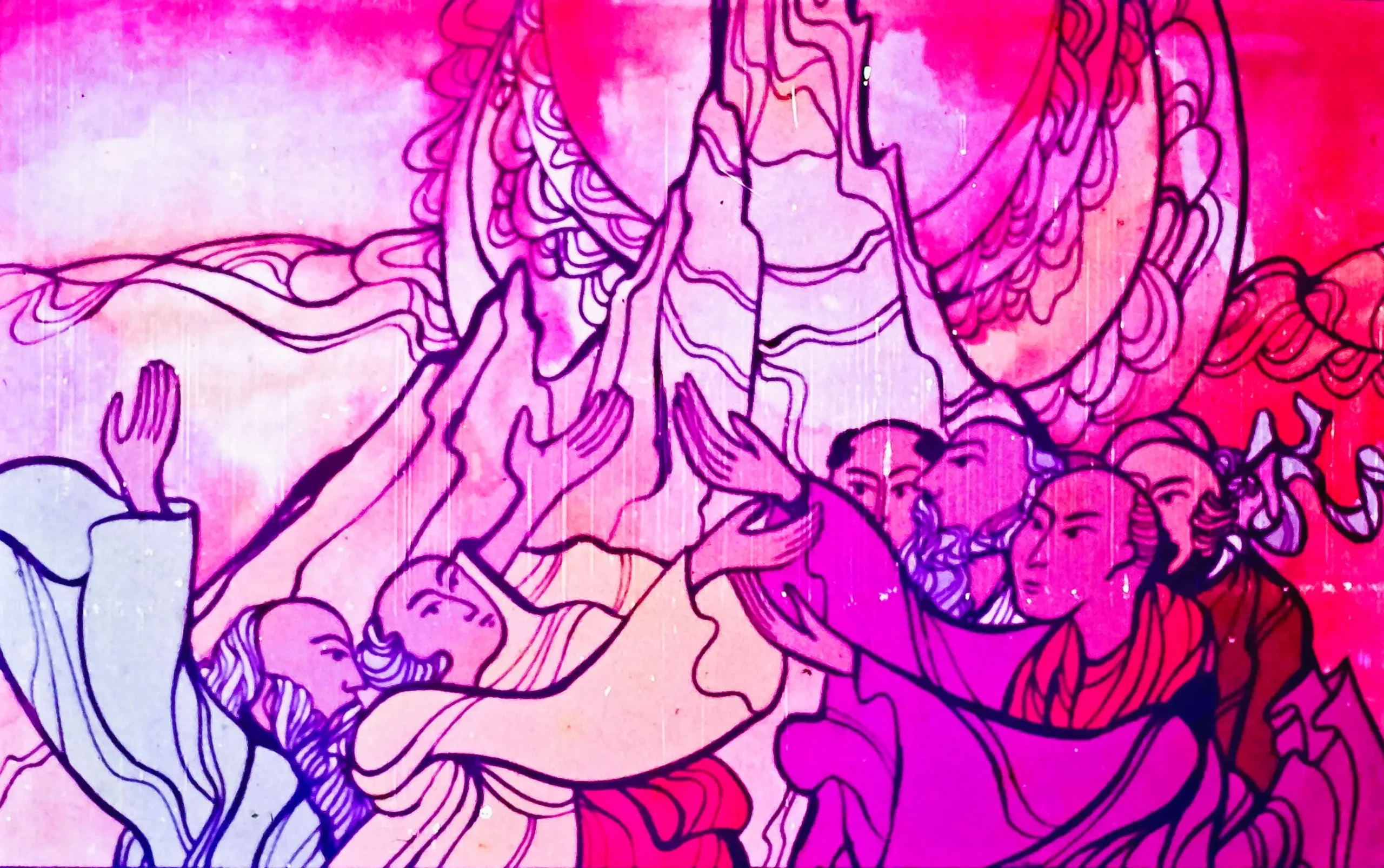 Ilustrație cu personaje care se îndreaptă spre o sursă de lumină, simbolizând primirea luminii zilei.