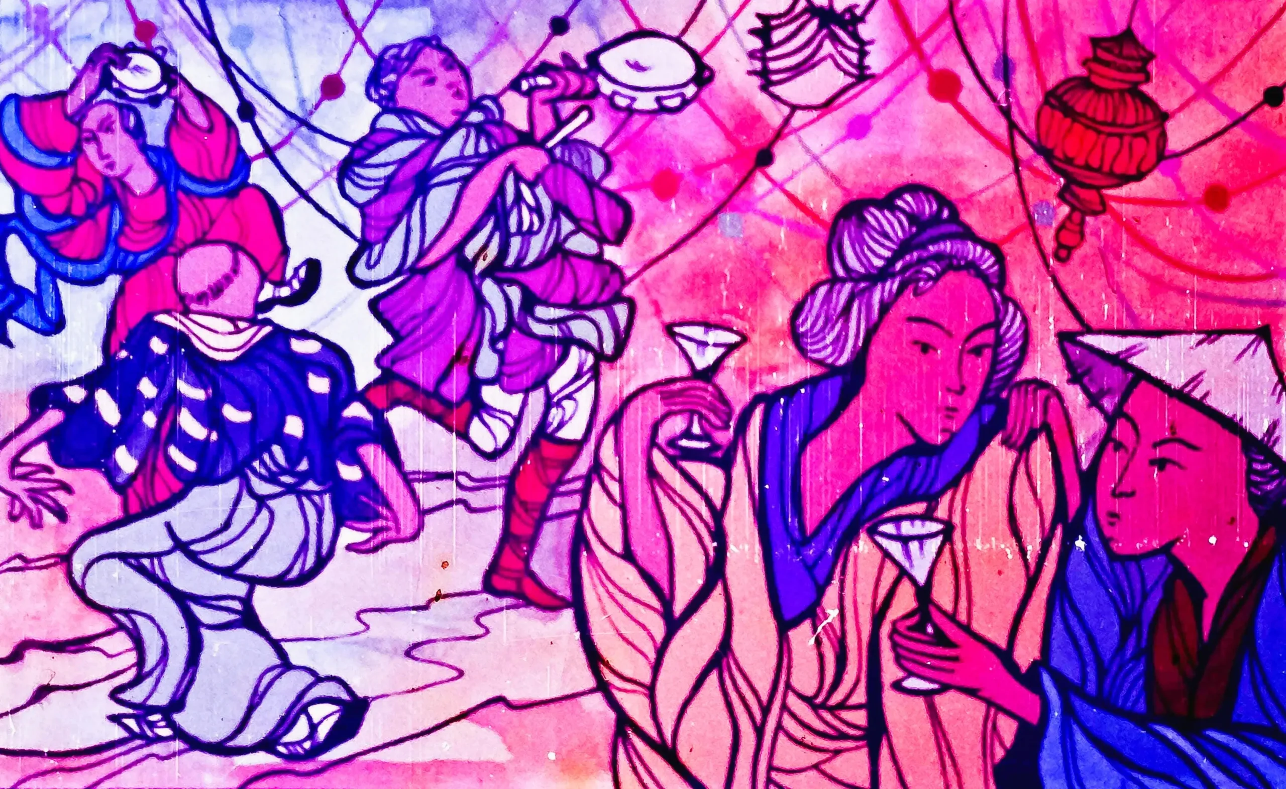 Ilustrație artistică cu viziuni despre bucuria oamenilor, reprezentată prin dans și festivități.