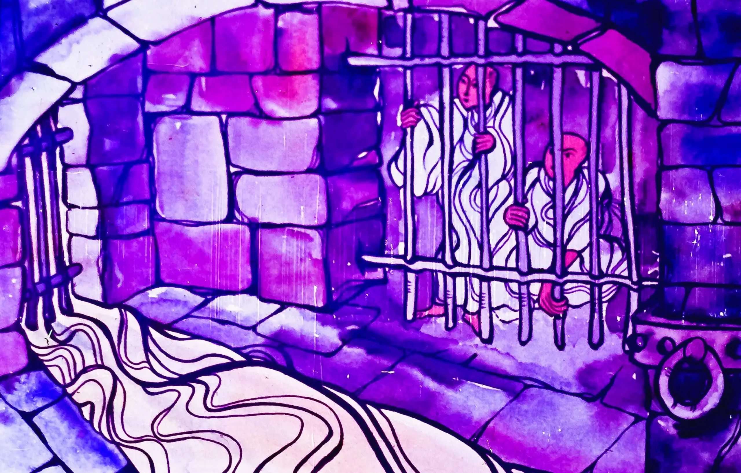 Ilustrație cu prizonieri în spatele gratiilor, înfățișând o scenă de închisoare.