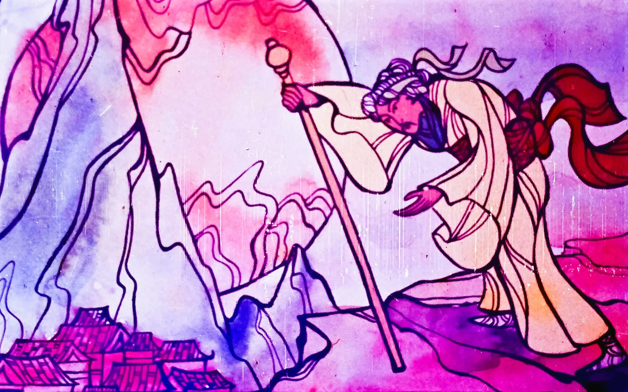 Imagine artistică care ilustrează un personaj care se sprijină de un toiag în peisaj montan.