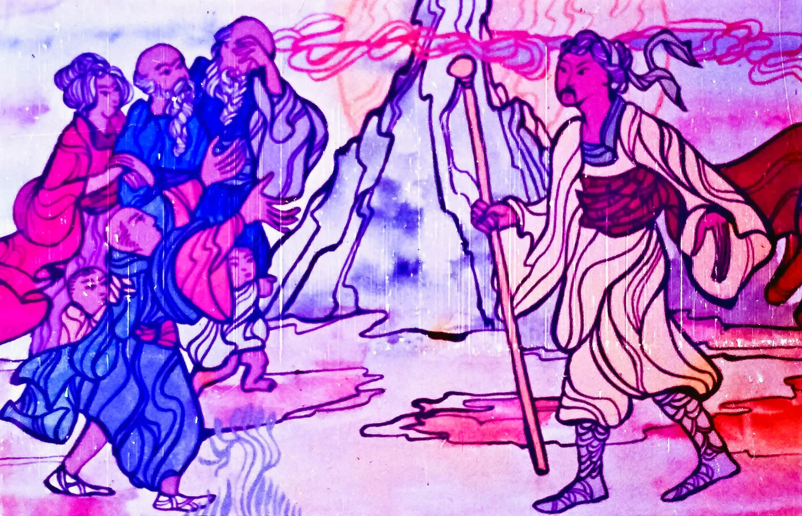 Ilustrație care prezintă o scenă cu personaje diverse, una dintre ele zicând 