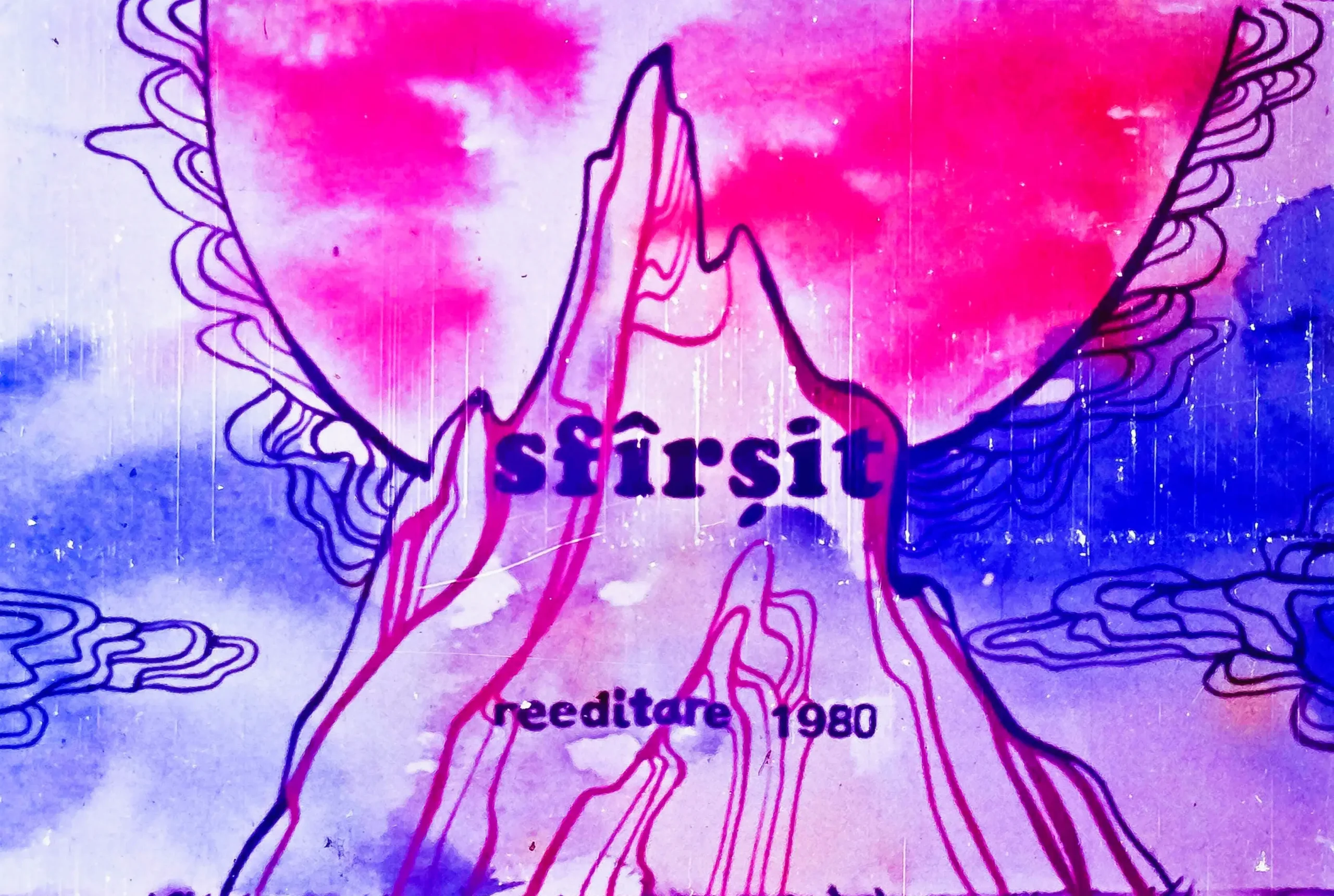 Imagine artistică cu un vârf de munte și un soare roșu, având textul 'sfârșit' și 'reeditare 1980'.