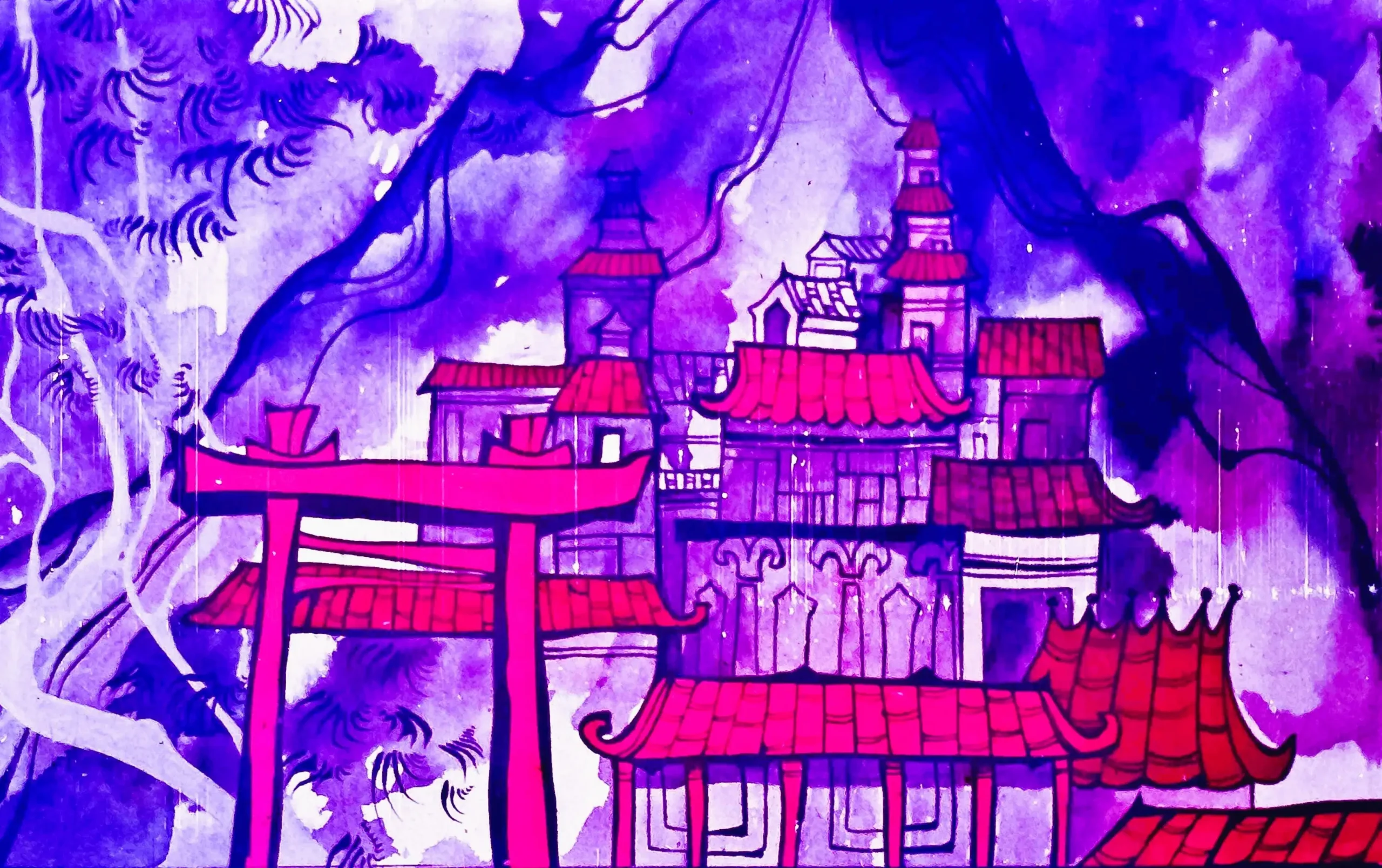 Ilustrație artistică a unei împărății fantastice, prezentând munți înalți și clădiri cu arhitectură tradițională, însoțită de un text descriptiv.