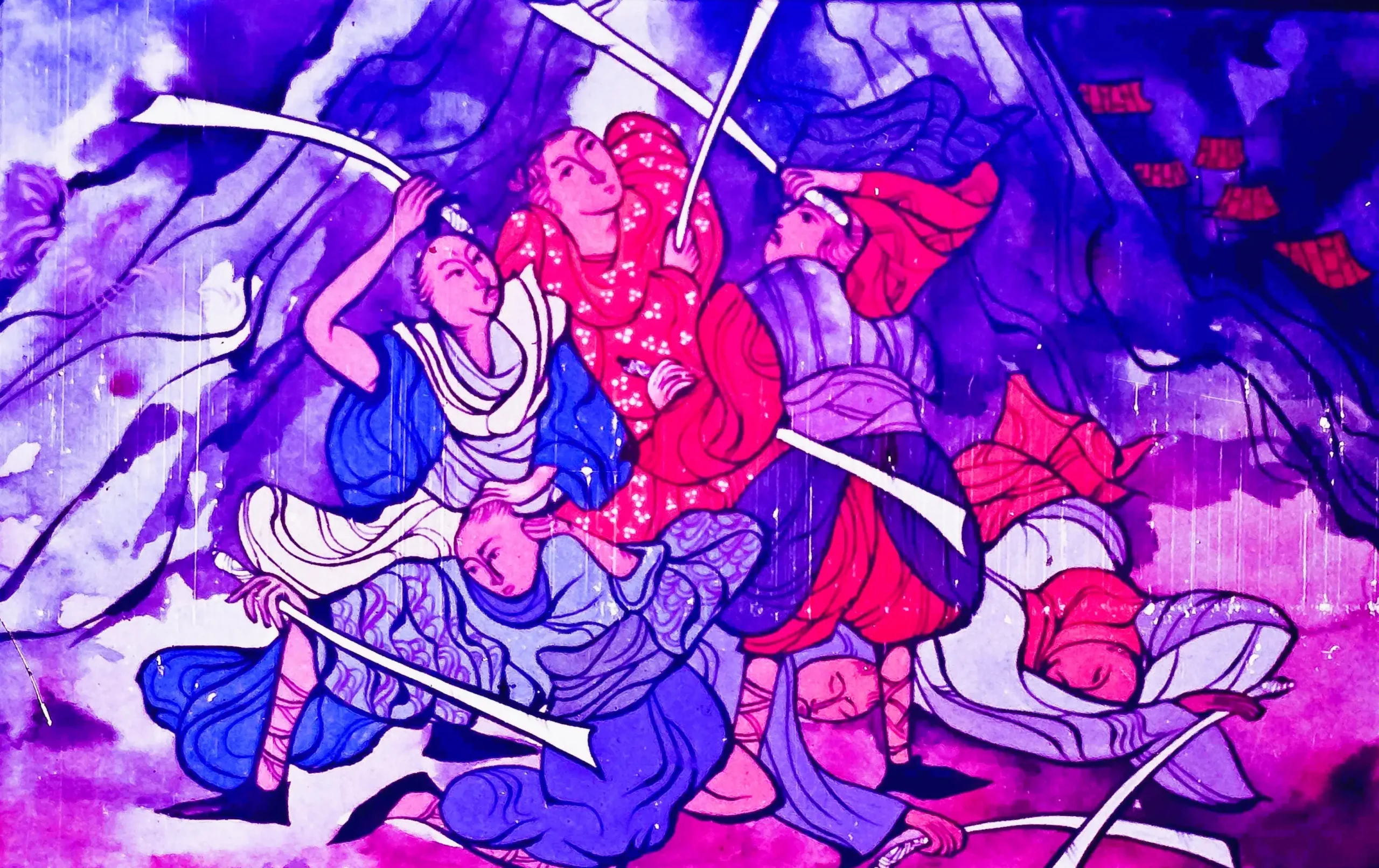 Ilustrație cu personaje în luptă într-un peisaj artistic.