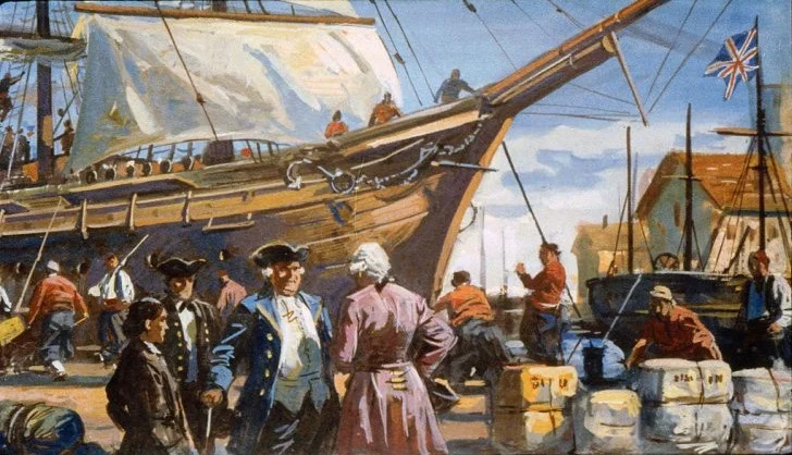 Ilustrație care înfățișează o scenă portuară cu un vas mare, marinari și diverse activități legate de încărcarea și descărcarea mărfurilor.