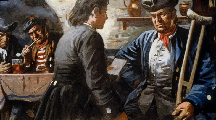 Ilustrație reprezentând o scenă la o tavernă, cu personaje îmbrăcate în costume istorice, discutând între ele.