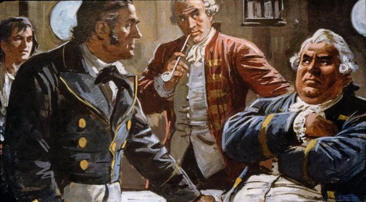 Patru bărbați într-o cameră, îmbrăcați în costume din secolul al XVIII-lea, discutând intens, unul dintre ei ținând un instrument muzical.