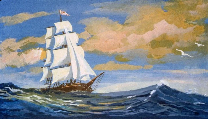 O pictură reprezentând o navă cu pânze navigând pe un ocean agitat, sub un cer albastru cu nori și păsări în zbor.