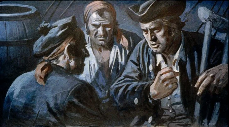 Trei bărbați îmbrăcați în haine de marinari, discuție într-un mediu întunecat, cu butoaie în fundal.