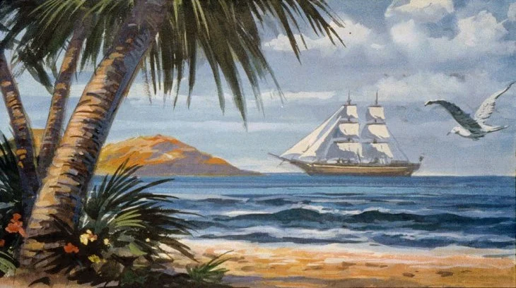 Peisaj tropical cu palmieri, un velier pe mare și nori pe cer.