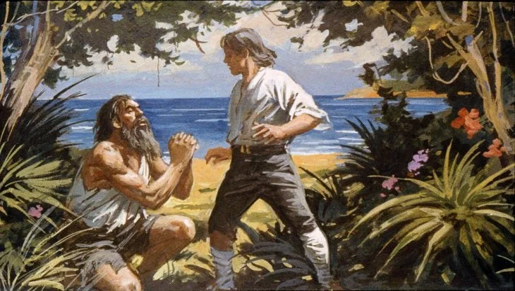 Ilustrație cu două personaje pe o plajă, una cu o barbă lungă rugându-se, iar cealaltă stând în picioare, într-o scenă naturală cu vegetație.