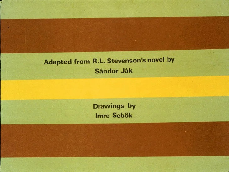 Textul prezintă informații despre adaptarea unui roman de R.L. Stevenson, inclusiv numele adaptatorului și al artistului de ilustrație.