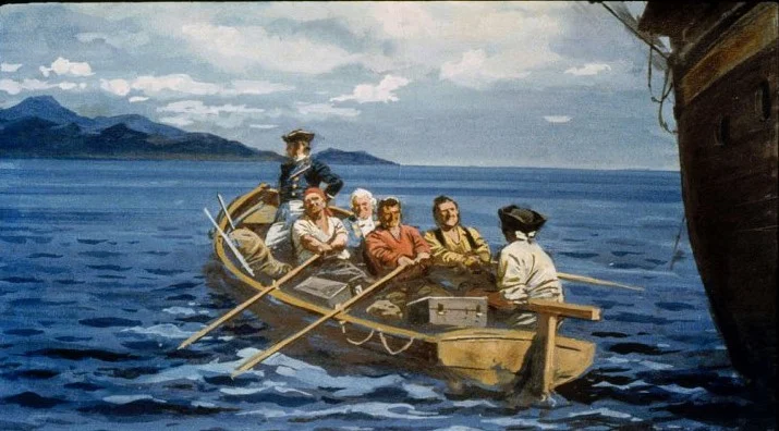 O scenă cu mai multe persoane într-o barcă pe apă, cu un peisaj montan în fundal.