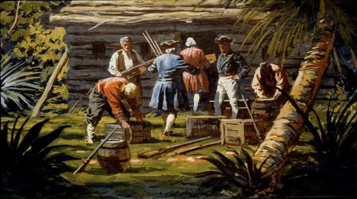 Ilustratie cu mai multe persoane care lucrează împreună în exterior, lângă o cabană, ocupându-se cu diverse activități legate de construcție și organizare.